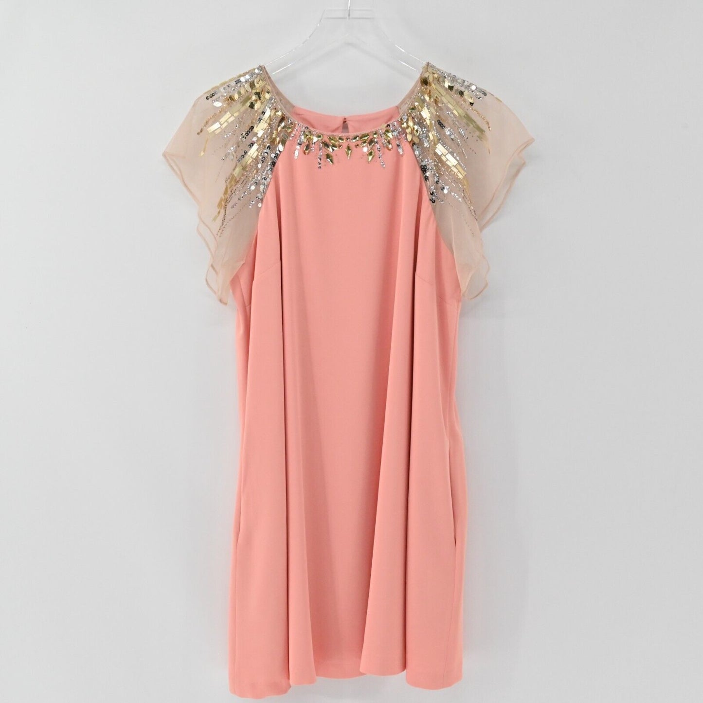AIDAN MATTOX Dress Womens Size 14 Flutter Sleeve Embellished Beaded Sheath Peach