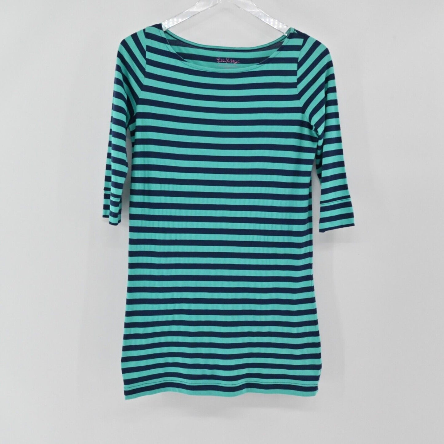 LILLY PULITZER Dress Womens Sz XS Blue Stripe Cassie Boat Neck 3/4 Sleeve Cotton