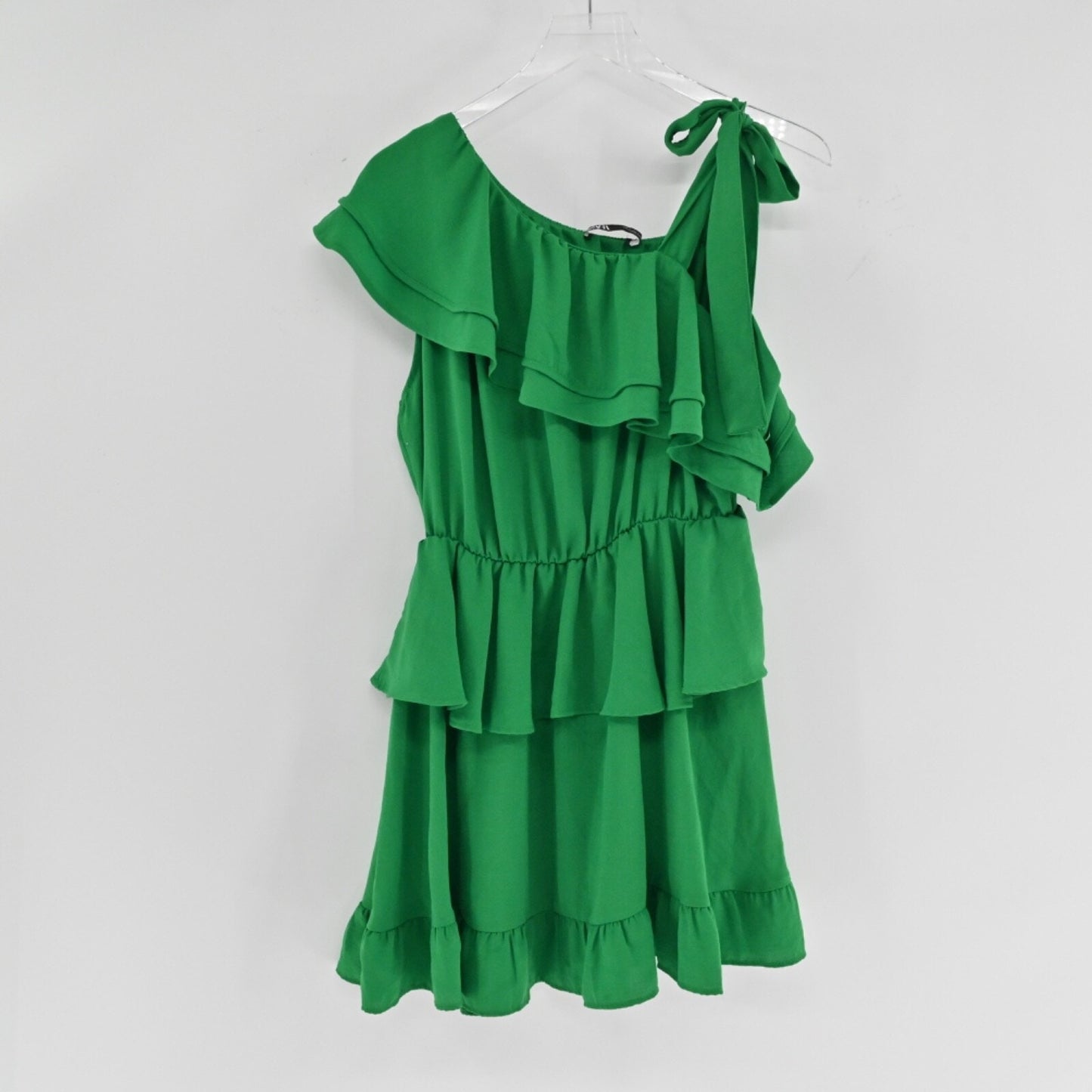 ZARA Womens Green One Shoulder Dress Size L Mini Tiered Ruffle Boho Preppy Beach