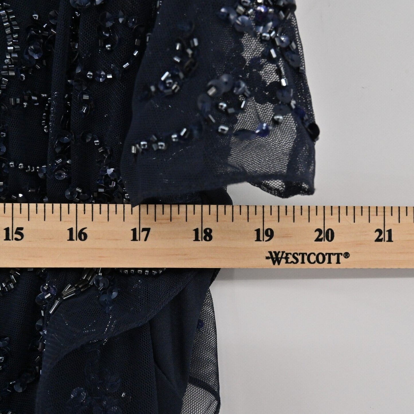 AIDAN MATTOX Dress Size 10 Beaded Sequin Navy Blue Gown Flutter Sleeve Glam FLAW