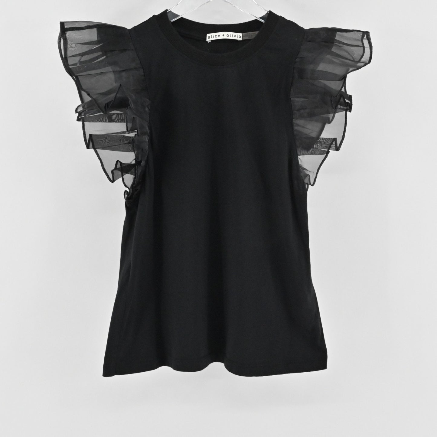 Alice Olivia Womens Garner Top Size XS Boxy Organza Sleeve Tee Black Blouse