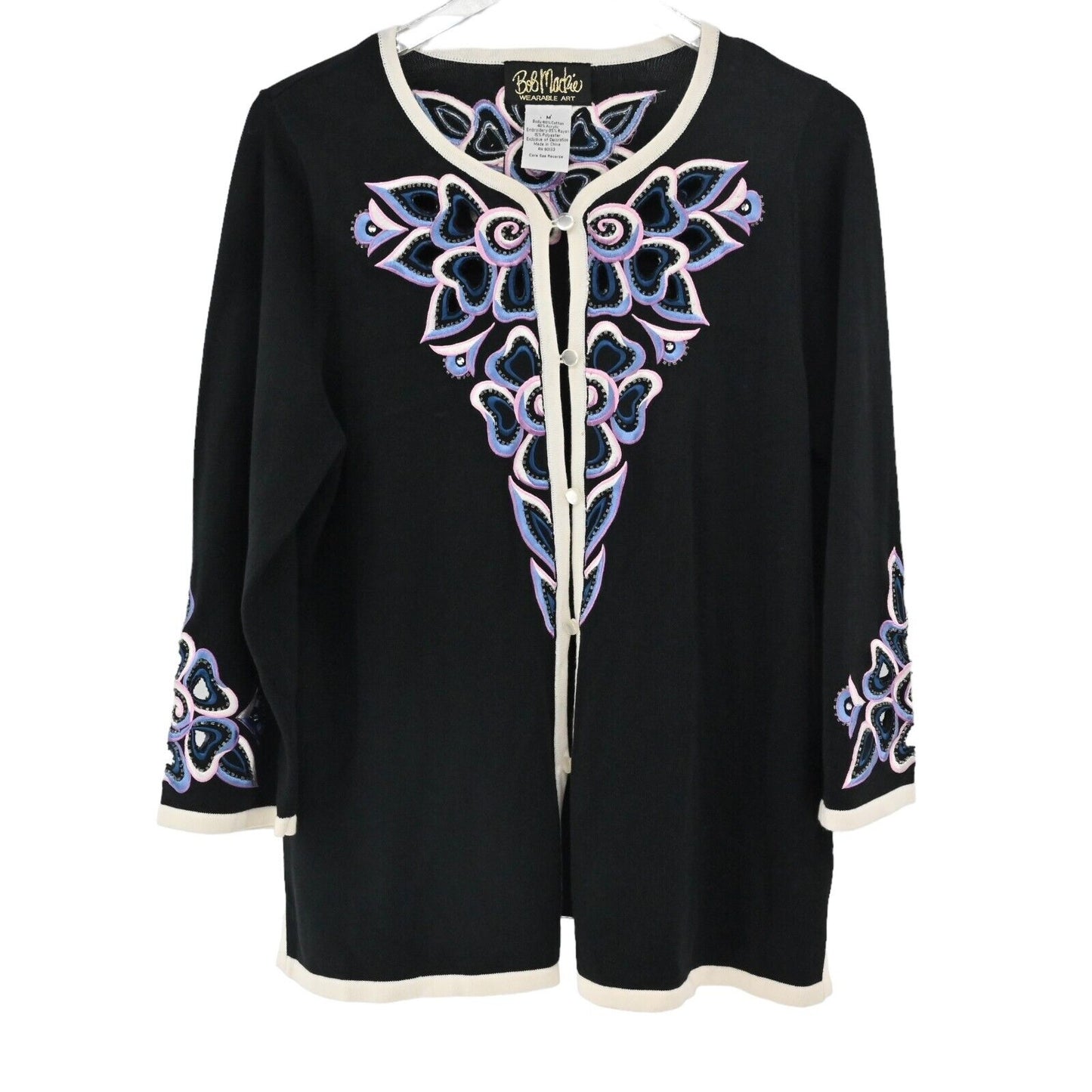 Vtg BOB MACKIE Cardigan Womens Sz M Cut Out Floral Embroidered Beaded Rhinestone