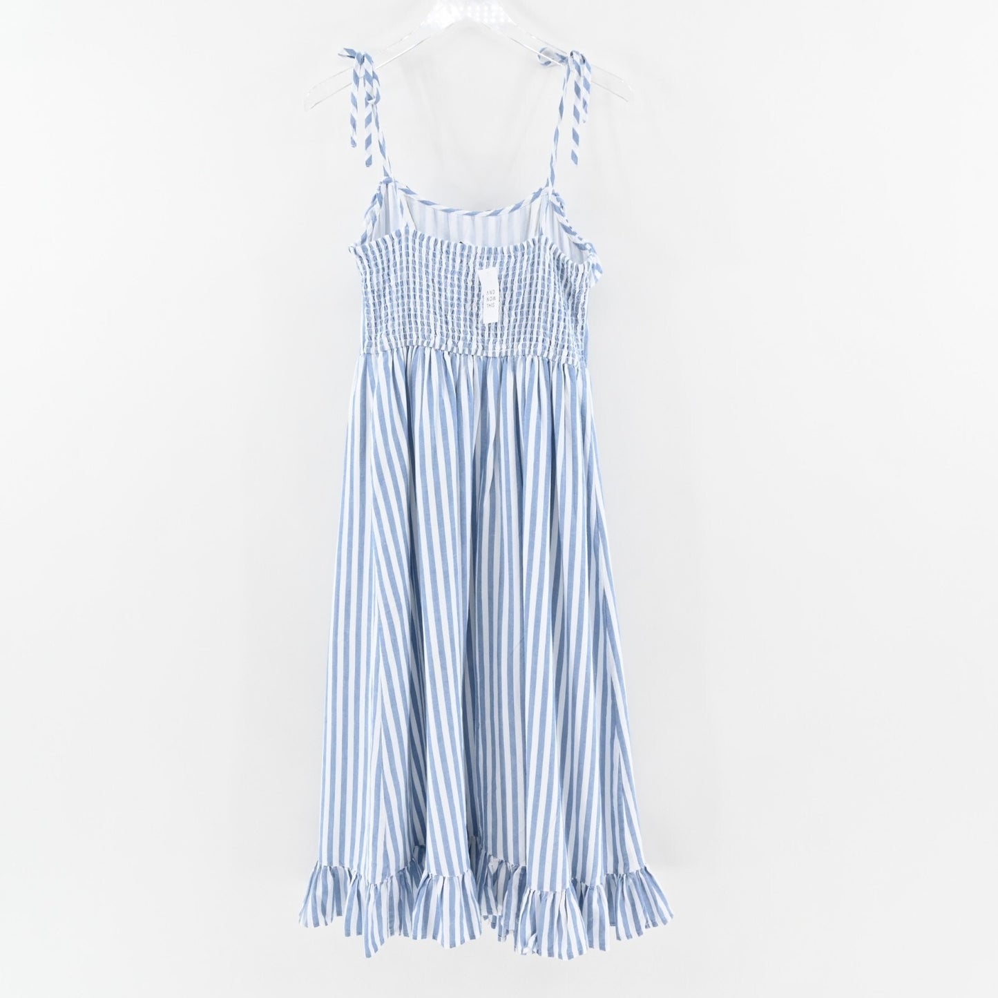 AND NOW THIS Dress Size M Chambray Blue White Stripe Ruffle Sleeveless Midi NEW