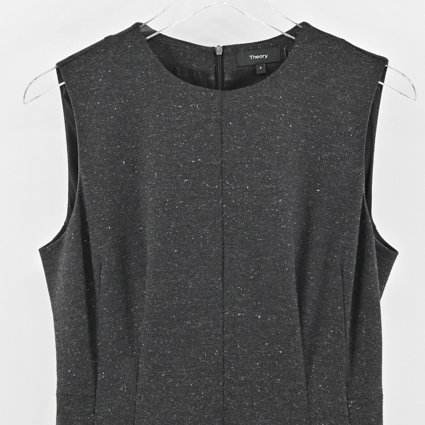 THEORY Dress Size 8 Seamed Sleeveless Melange Ponte Wool Blend Gray Pleated Mini