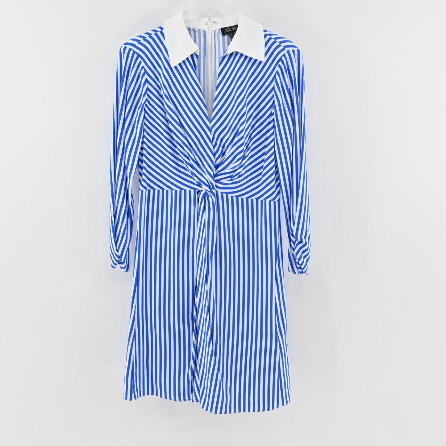 ADRIANNA PAPELL Stripe Twist Front Dress Size 4 Blue White Quarter Sleeve Mini