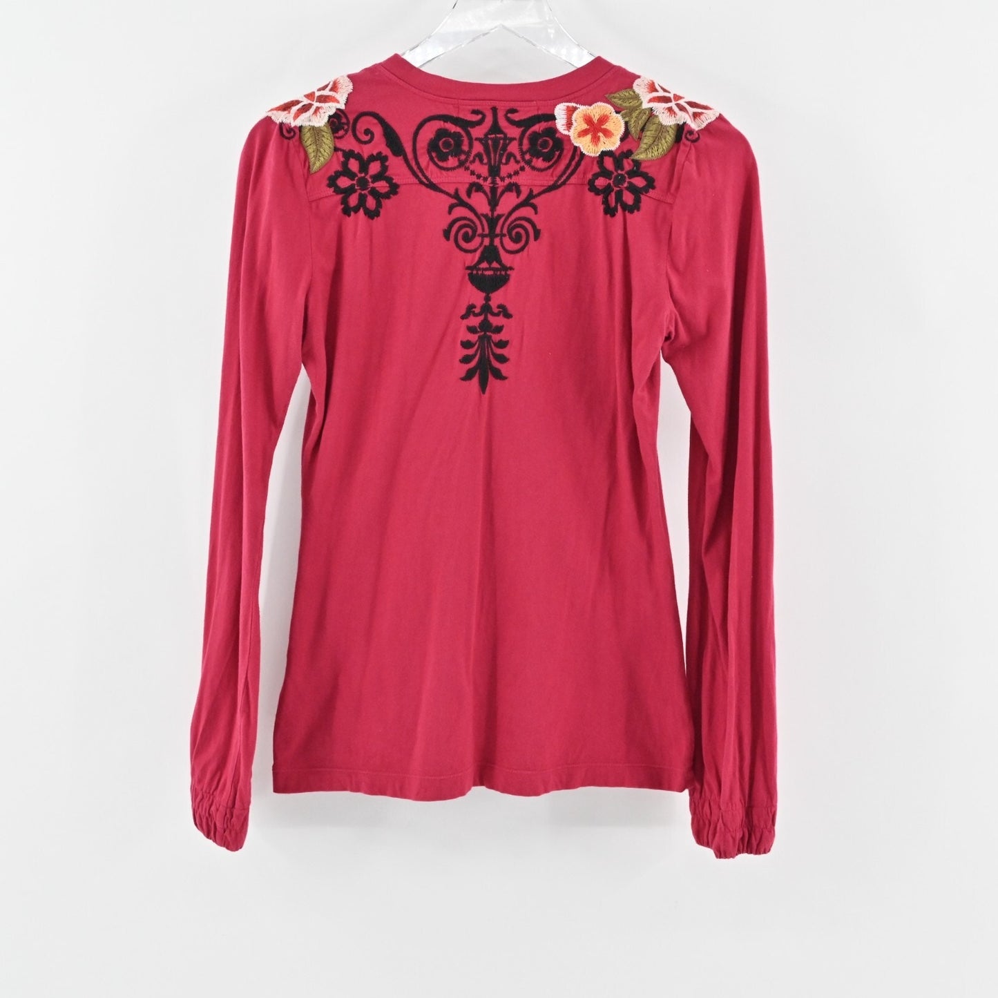 JOHNNY WAS Top Womens Size S Red Floral Embroidered JWLA Scoop Neck Long Sleeve