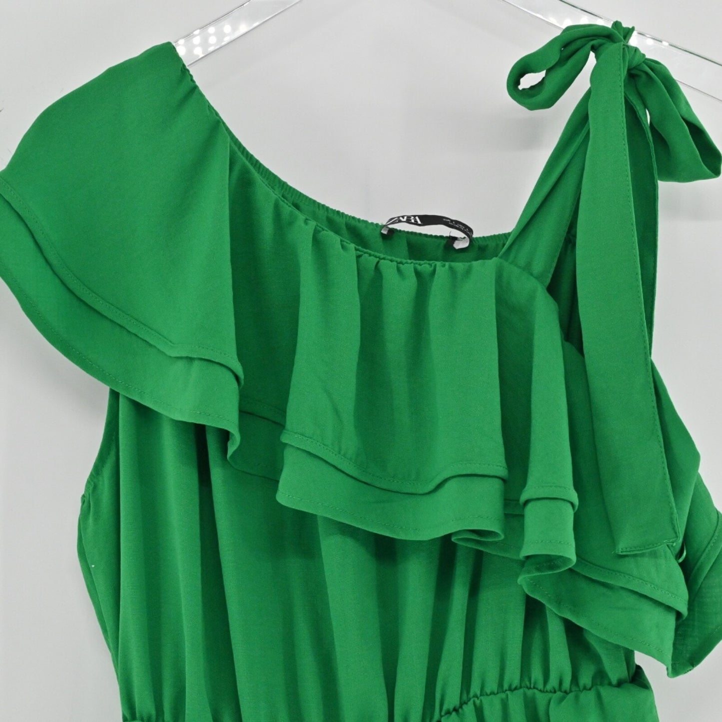 ZARA Womens Green One Shoulder Dress Size L Mini Tiered Ruffle Boho Preppy Beach
