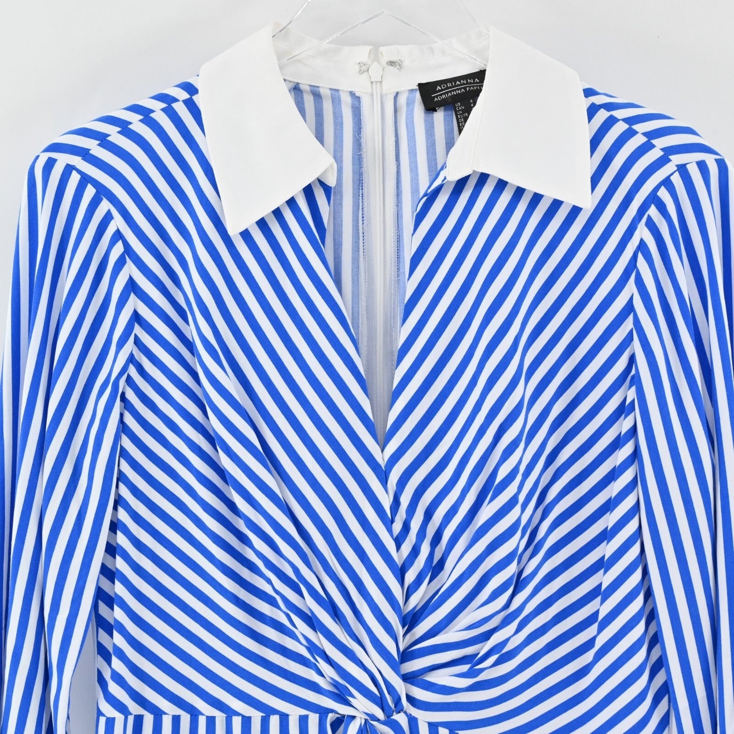 ADRIANNA PAPELL Stripe Twist Front Dress Size 4 Blue White Quarter Sleeve Mini