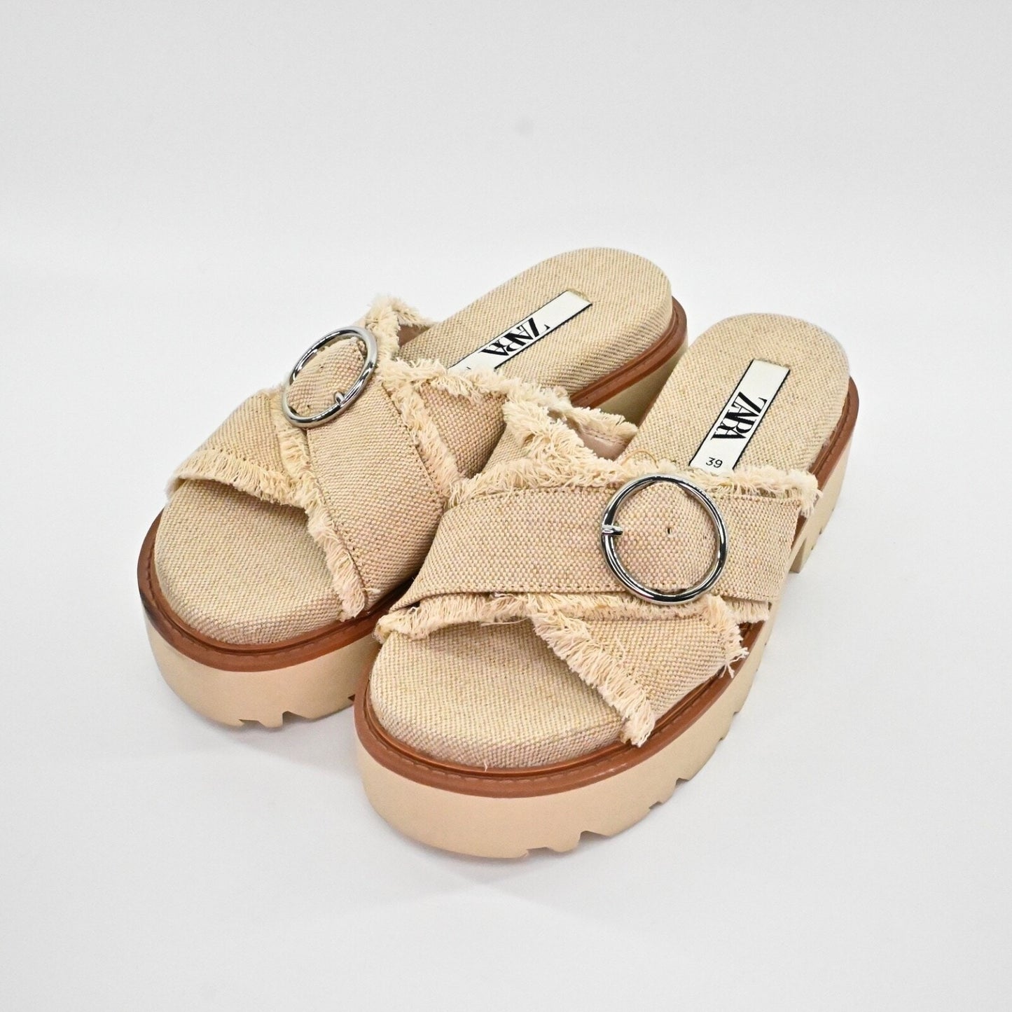 ZARA Womens Platform Sandals Size 39 Beige Woven Fringe Criss Cross Coconut Girl