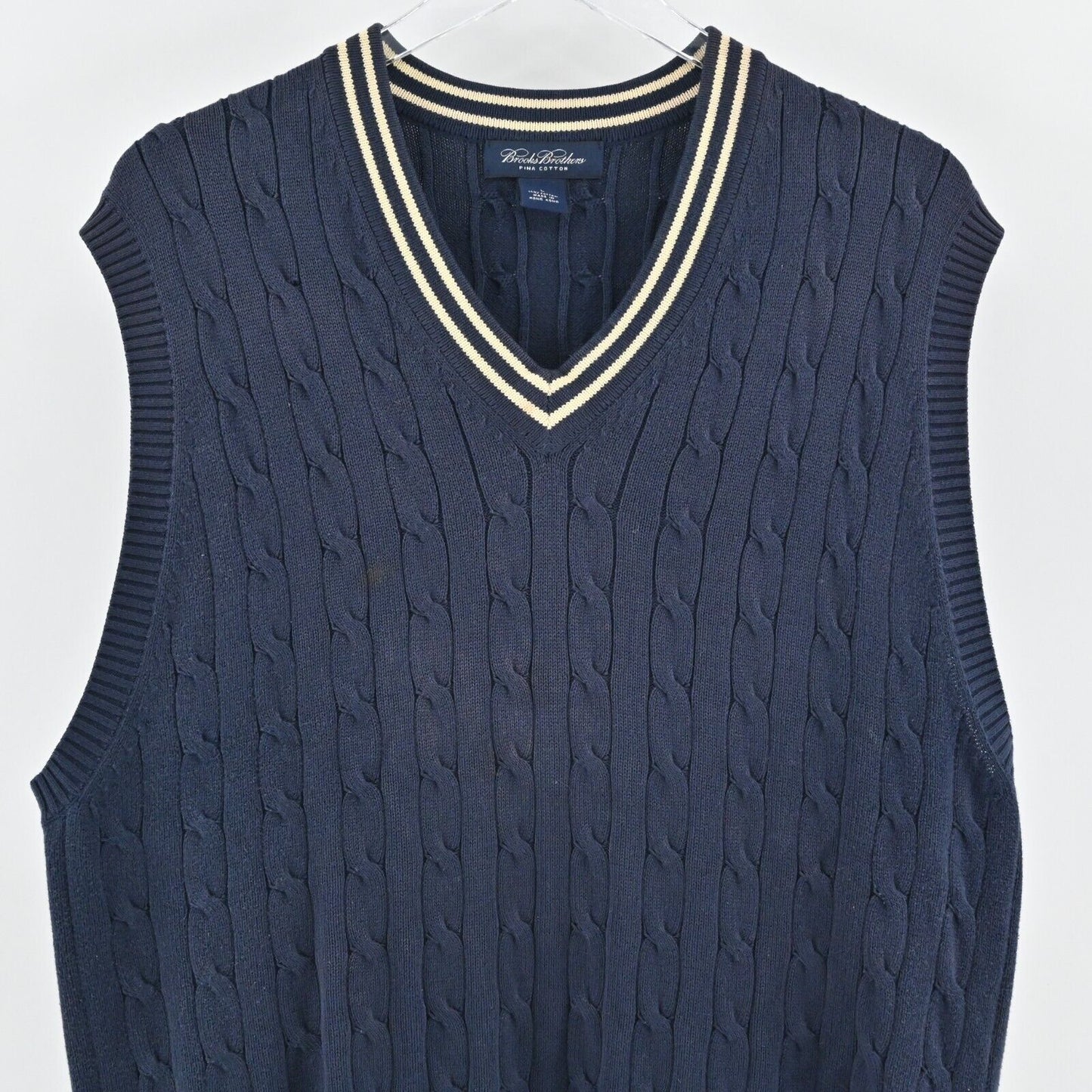 BROOKS BROTHERS Sweater Mens Size L Navy Blue Cable Knit VNeck Sleeveless Vest