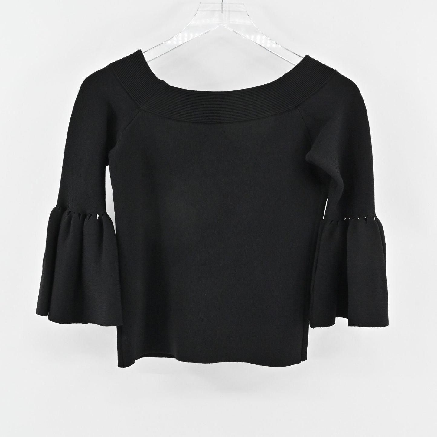 ELIZA J Top Womens Sz M Black Off The Shoulder Bell Sleeve Fold Over Neck Blouse