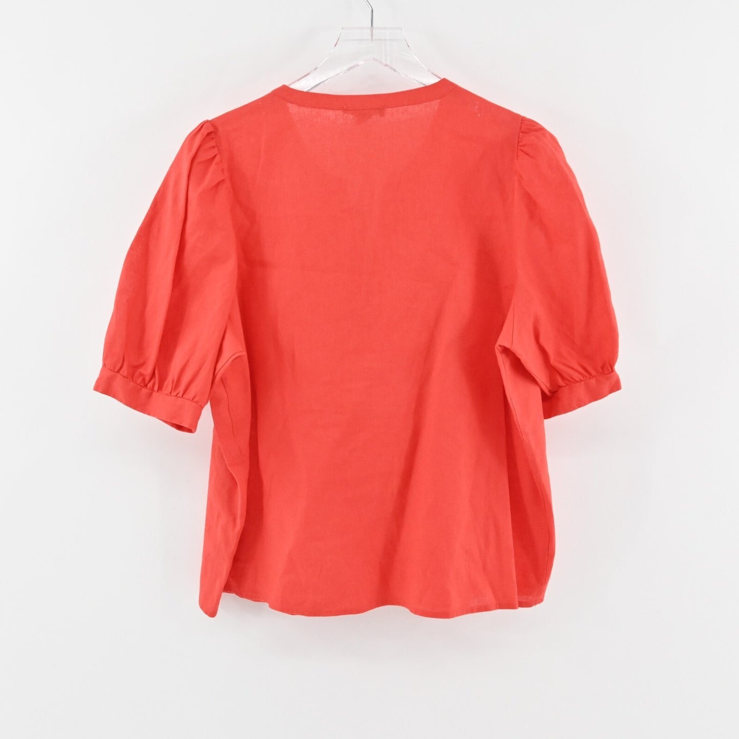 SAKS FIFTH AVENUE Top Womens Size XL Coral Linen Blend Split V Neck Puff Sleeve