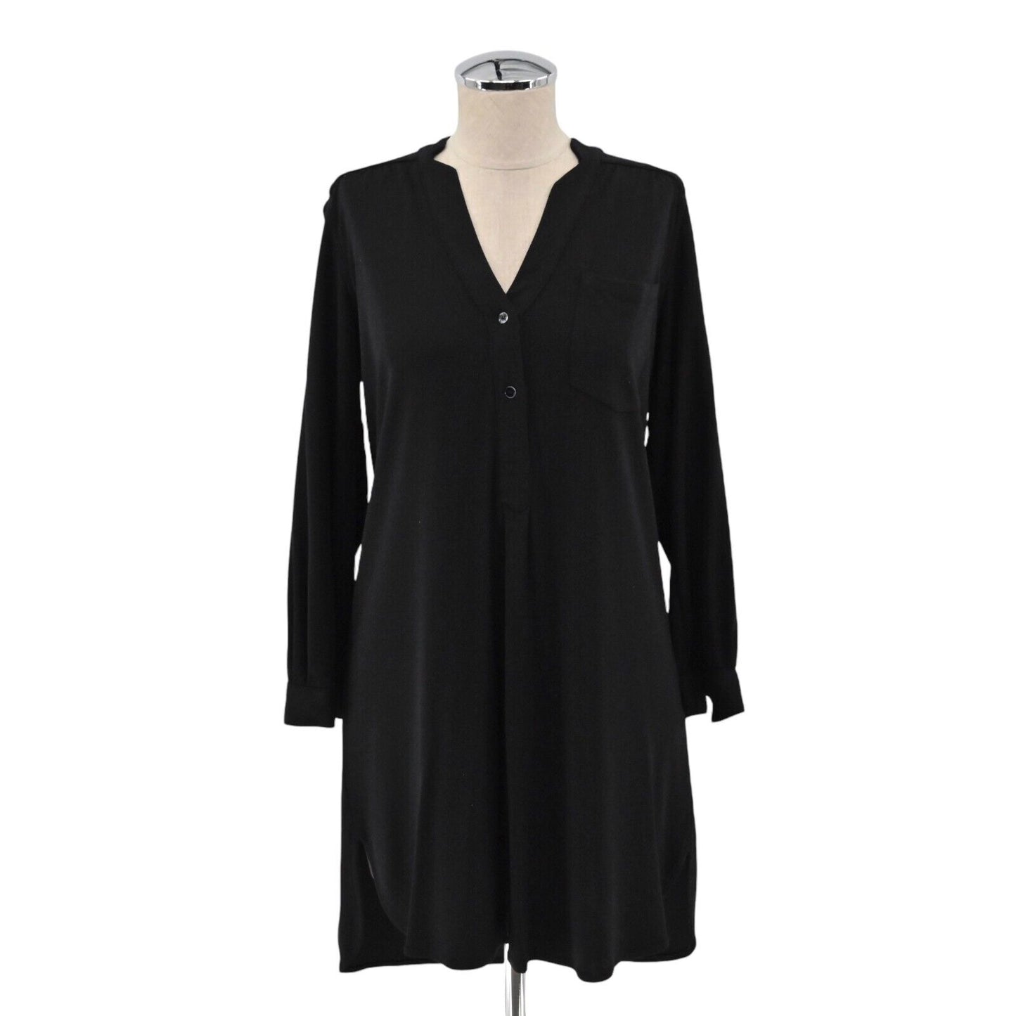 ZARA Dress Womens Size S Solid Black VNeck Shirt Style Relaxed Roll Tab Sleeve