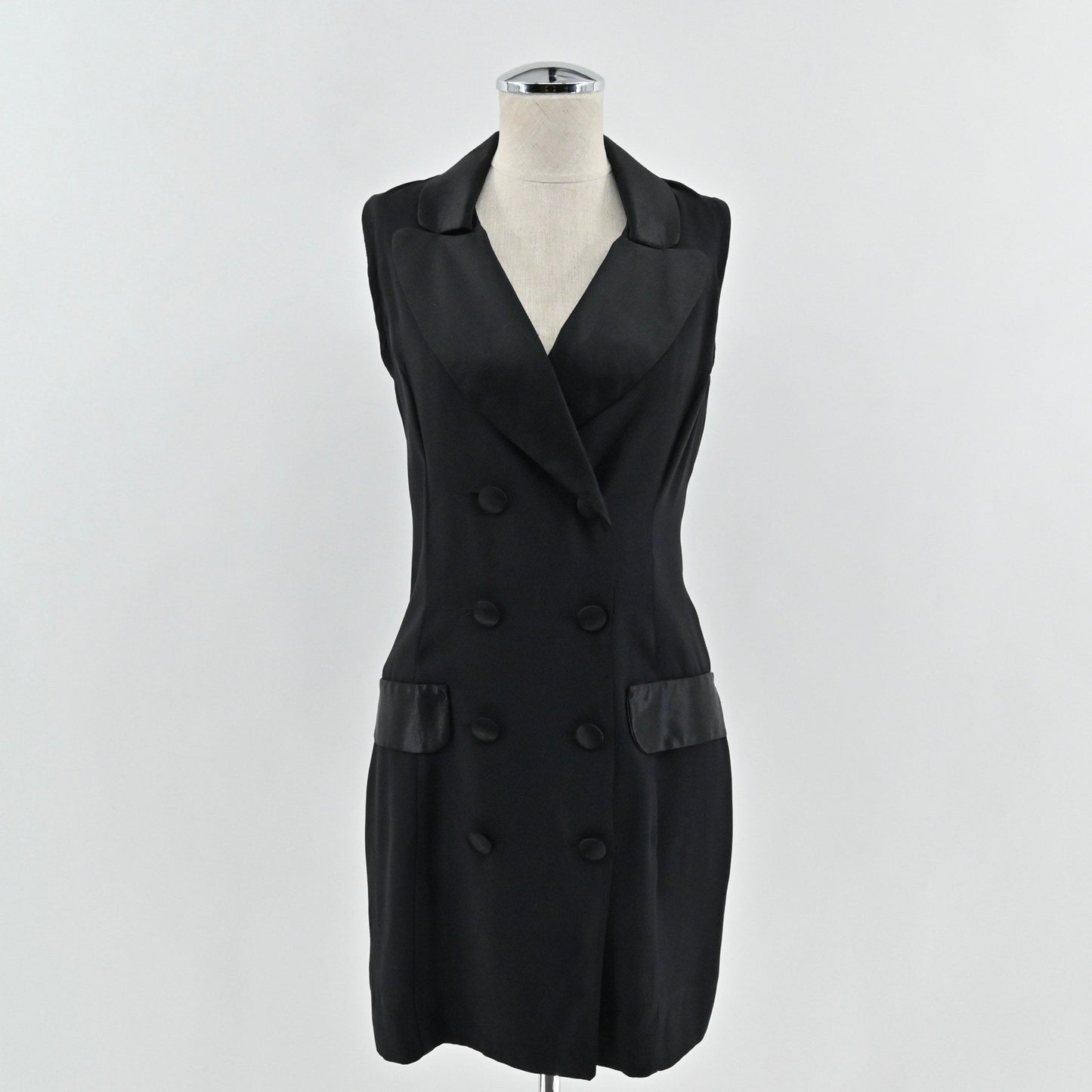 Vtg Y2k Rampage Satin Blazer Dress Size 5 Black Sleeveless Double Breasted USA