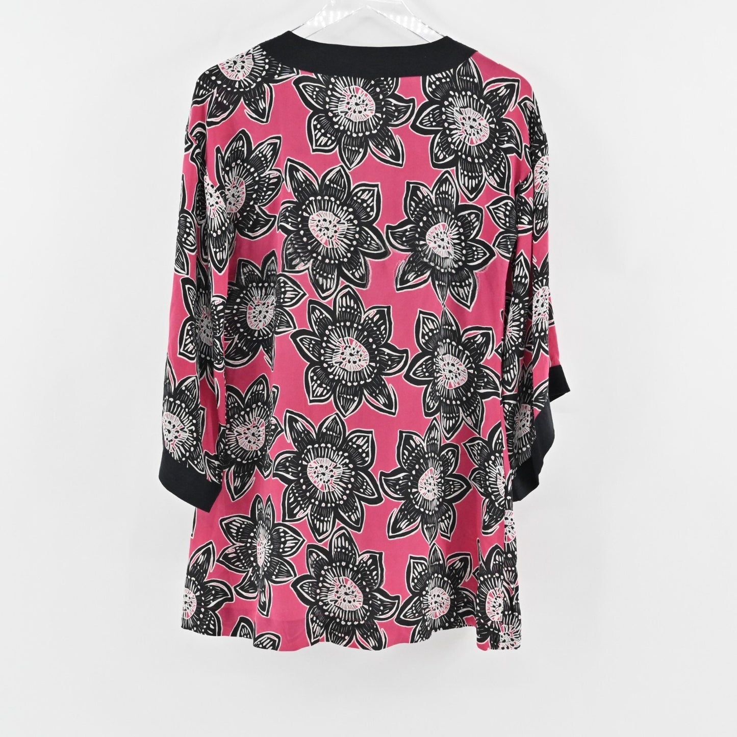 Hobbs Dress Sz S Silk Lightweight Pink Black Floral Kimono Style Mini Maximalist