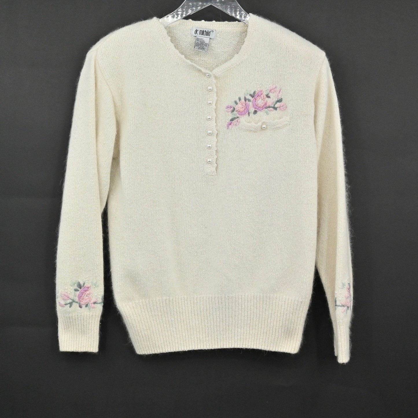 Vtg Granny Core Silk Angora Embroidered Sweater Size L Lambswool Floral Pearl