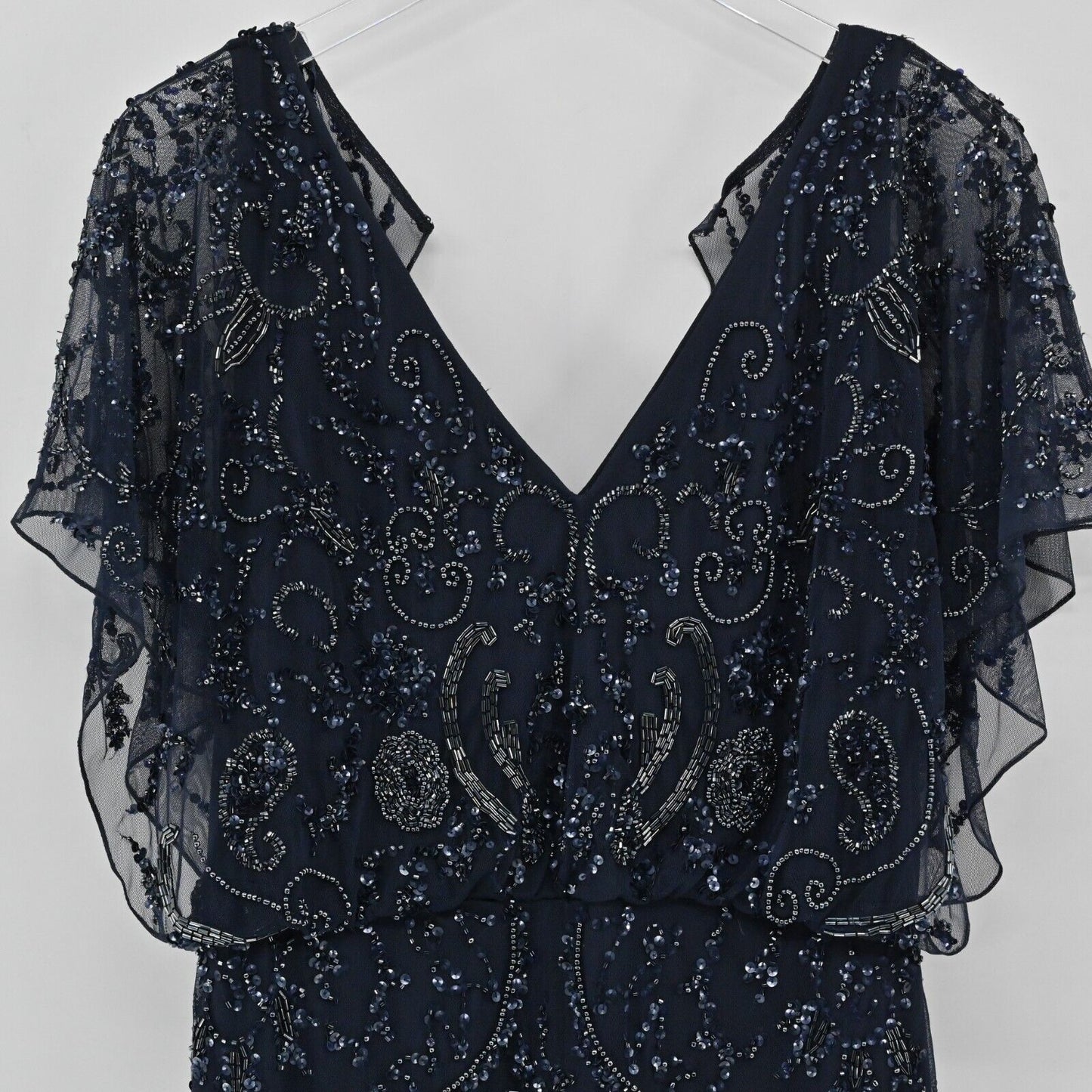 AIDAN MATTOX Dress Size 10 Beaded Sequin Navy Blue Gown Flutter Sleeve Glam FLAW