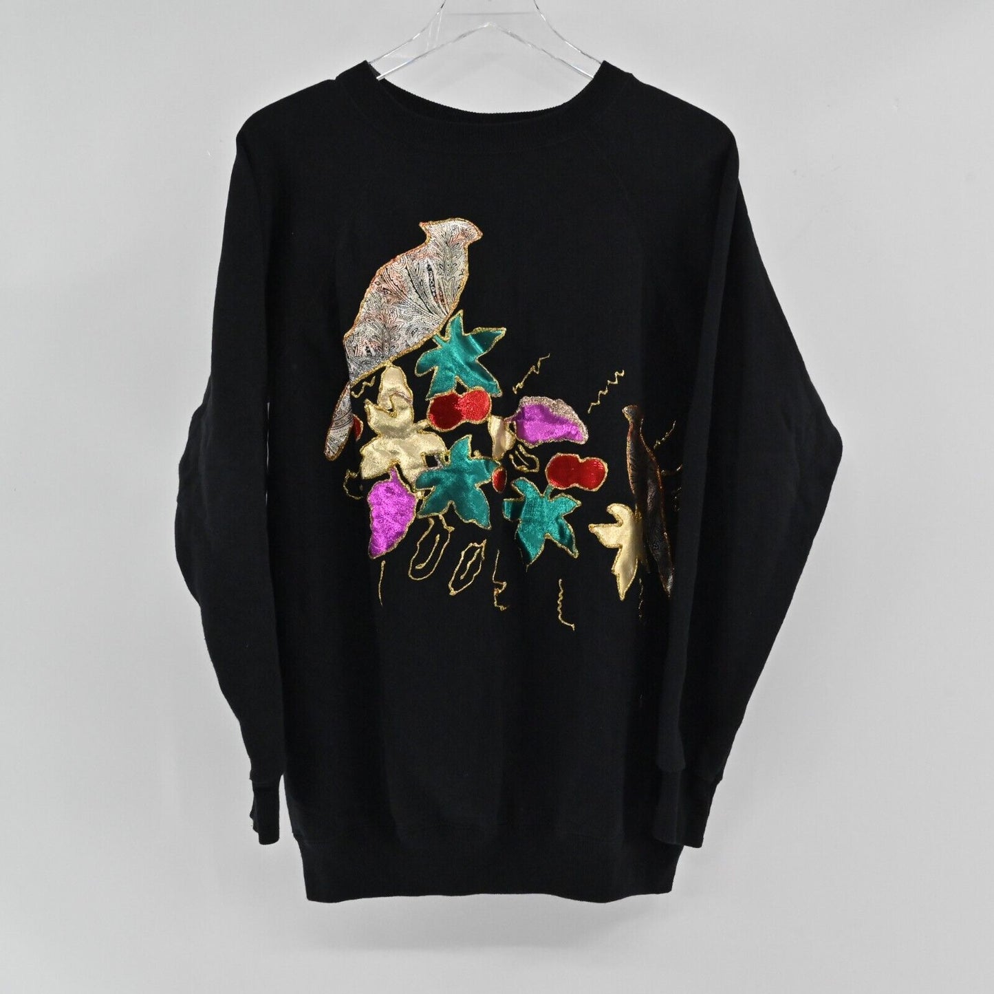 Vtg HANES Sweatshirt Womens Size L Black Glitter Puff Paint Autumn Birds USA 90s