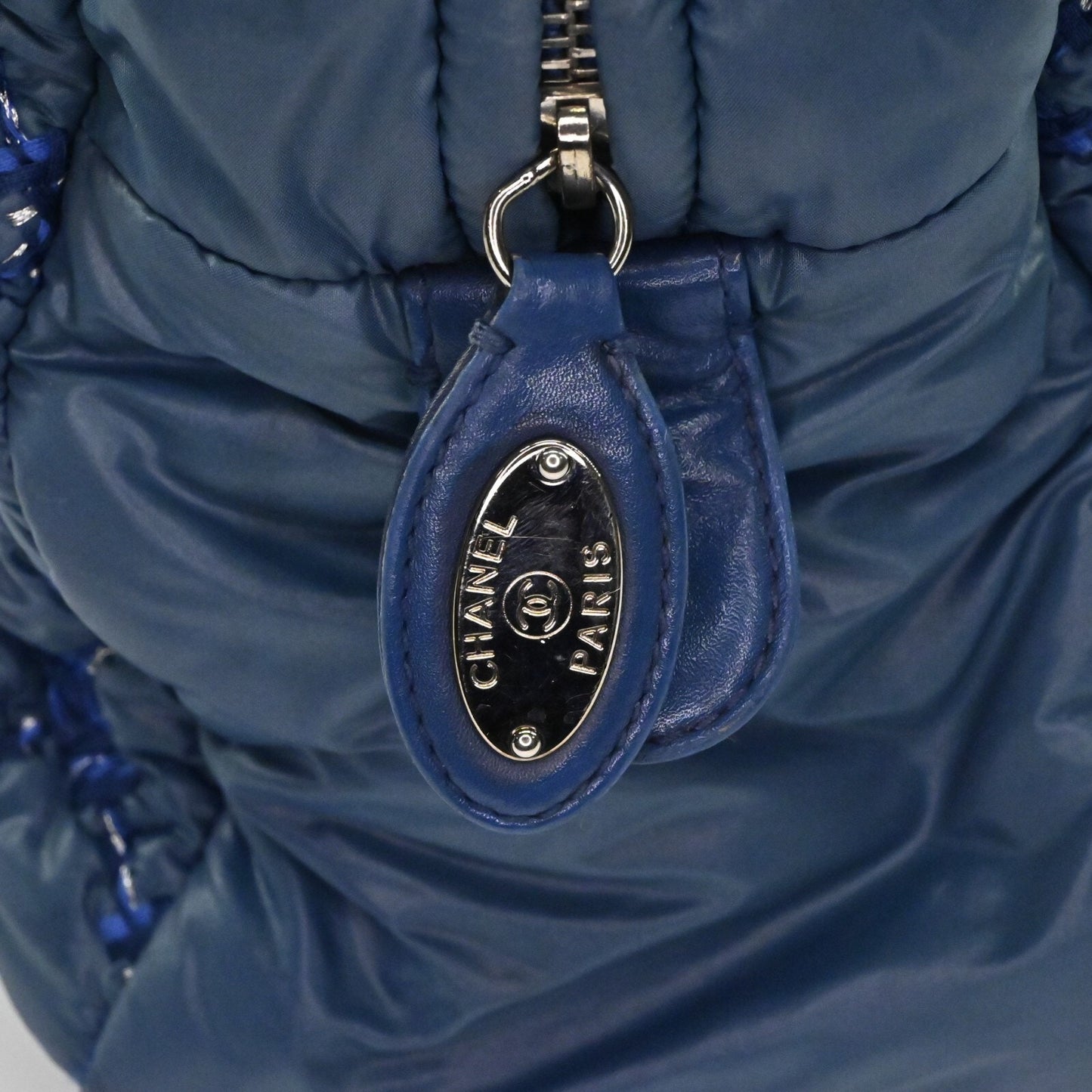 CHANEL Shoulder Bag Byzance Tweed On Stitch Blue Nylon Quilted Chain Strap