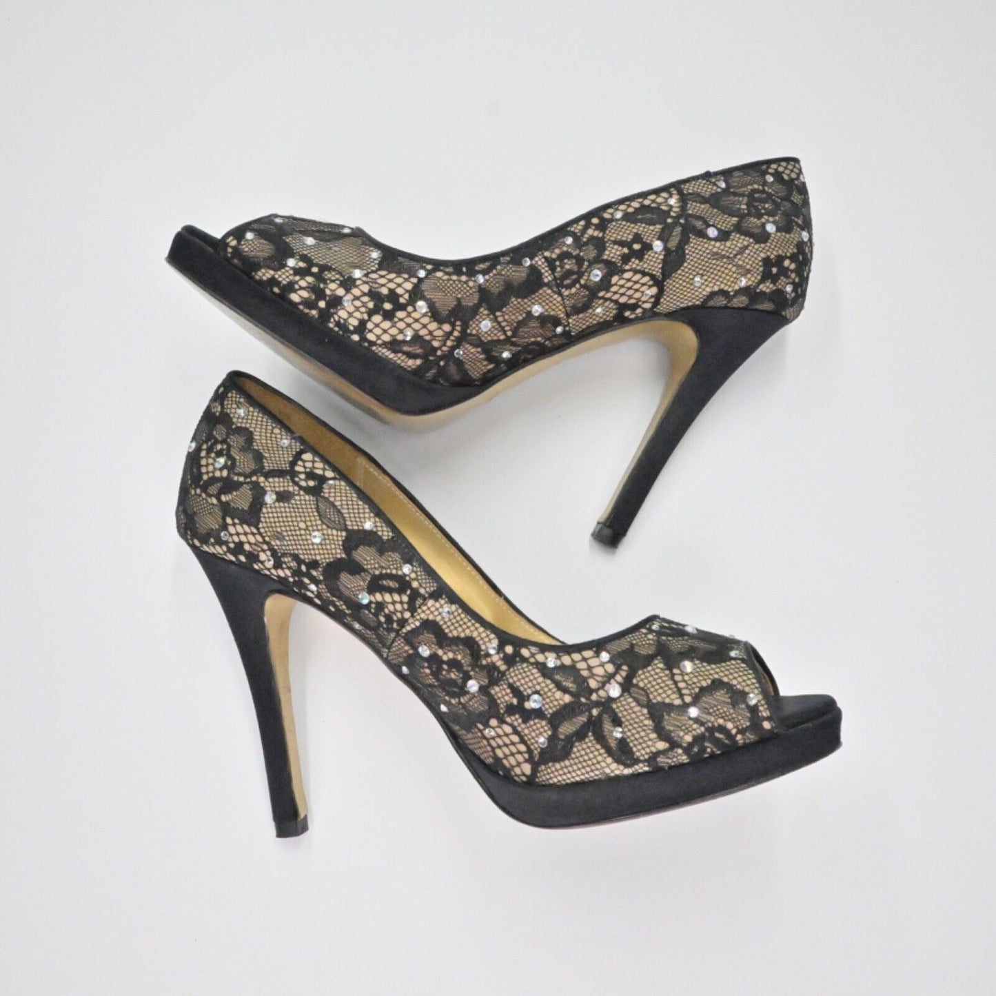 BENJAMIN ADAMS Pumps Womens Sz 7.5 Black Lace Rhinestone Peep Toe Stiletto Heel