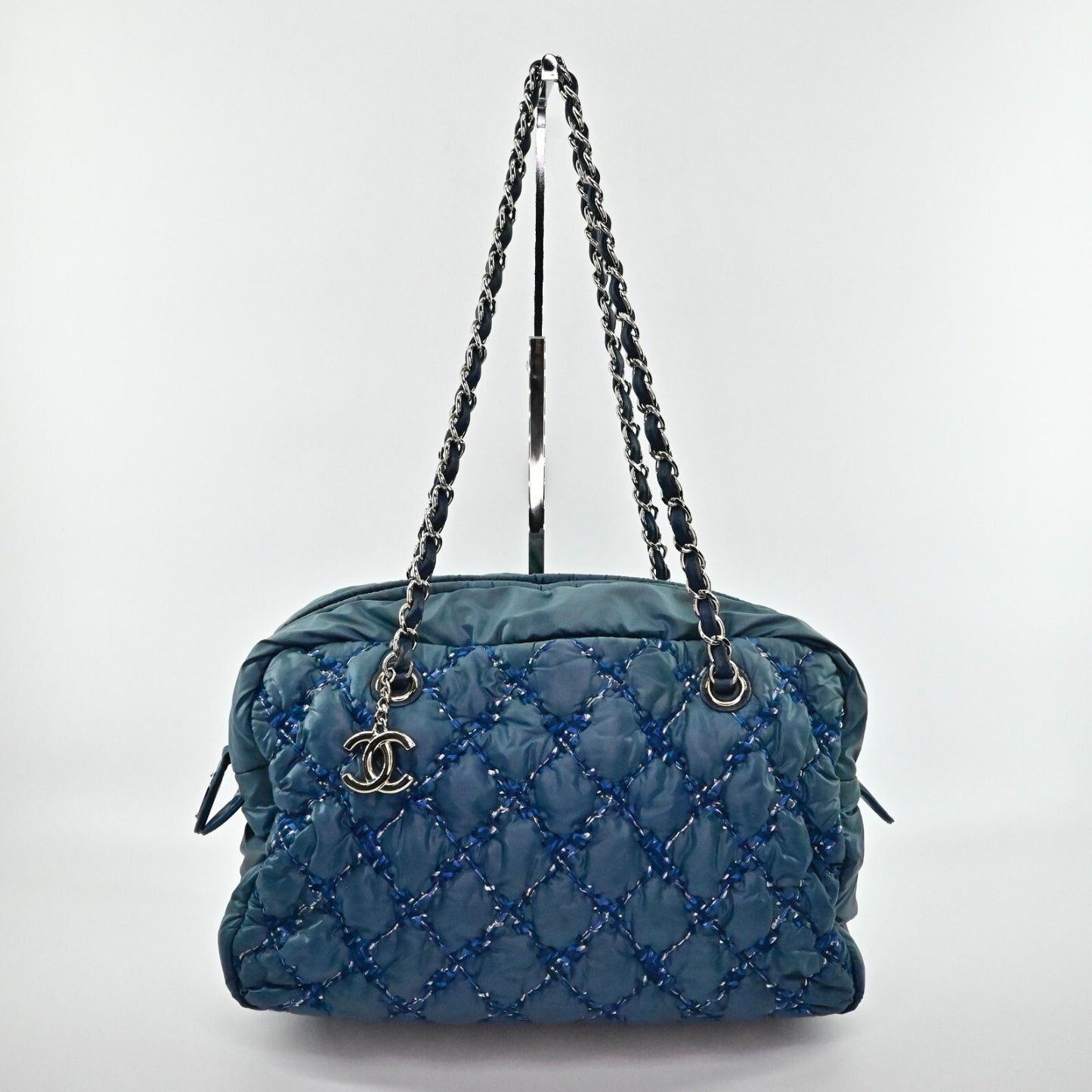 CHANEL Shoulder Bag Byzance Tweed On Stitch Blue Nylon Quilted Chain Strap