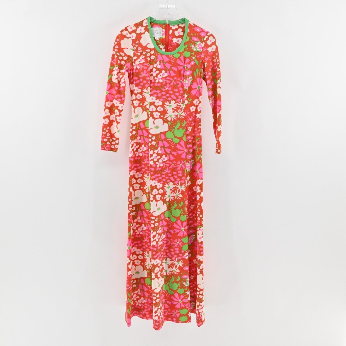 70s Maxi Dress Long Sleeve Floral Pink Green Retro THE CLIQUE Size S - Vtg 8