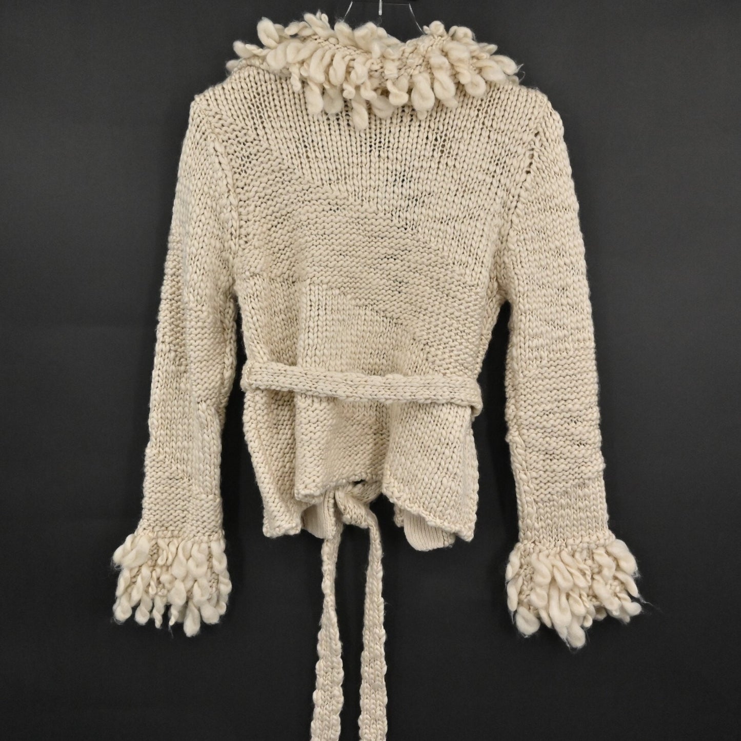 ZARA Womens Sweater Size S Fringing Cardigan Belted Cream Wool Blend Boho NEW