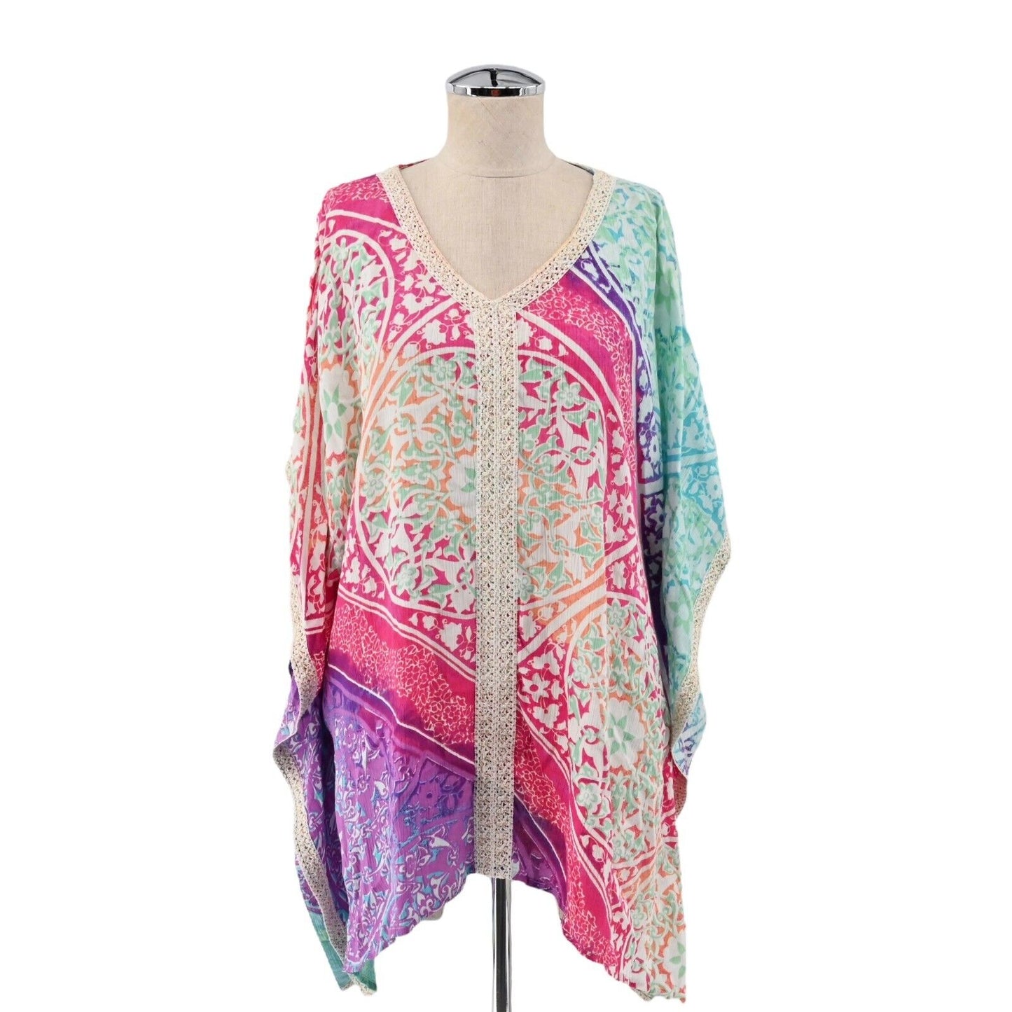 CHICOS Top Womens Size SM Kaleidoscope Medallion V Neck Poncho Style Tunic Boho