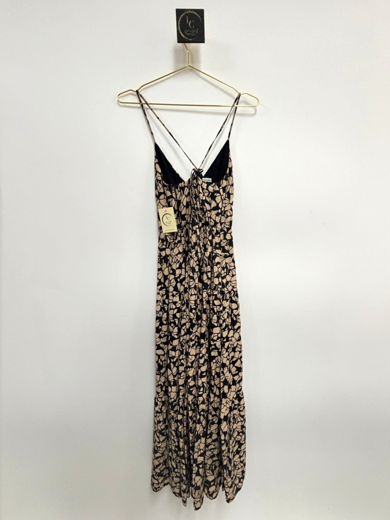 Lynn's Closet Boutique Abercrombie & Fitch camel and black floral print tiered maxi dress with spaghetti straps.