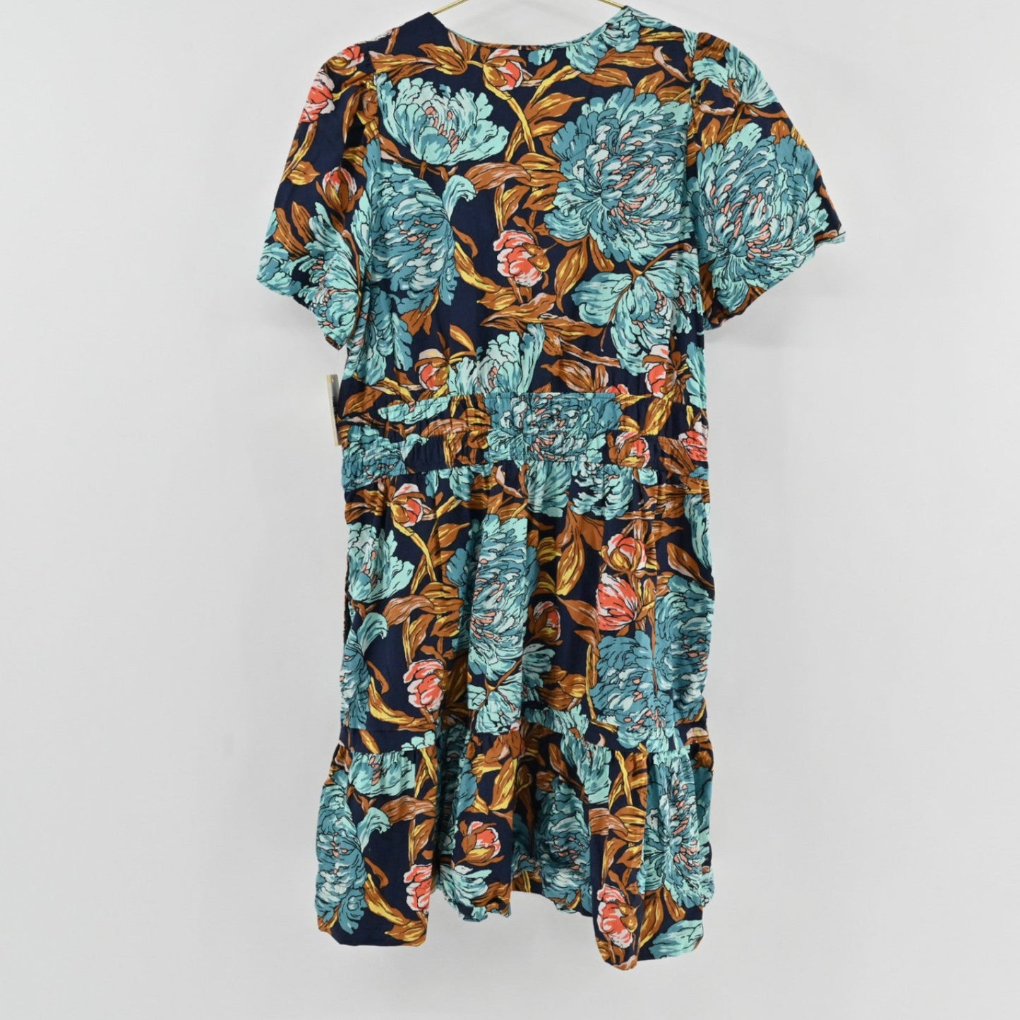 Lynn's Closet Boutique Anthropologie navy floral mini dress with flutter sleeves and a tiered skirt