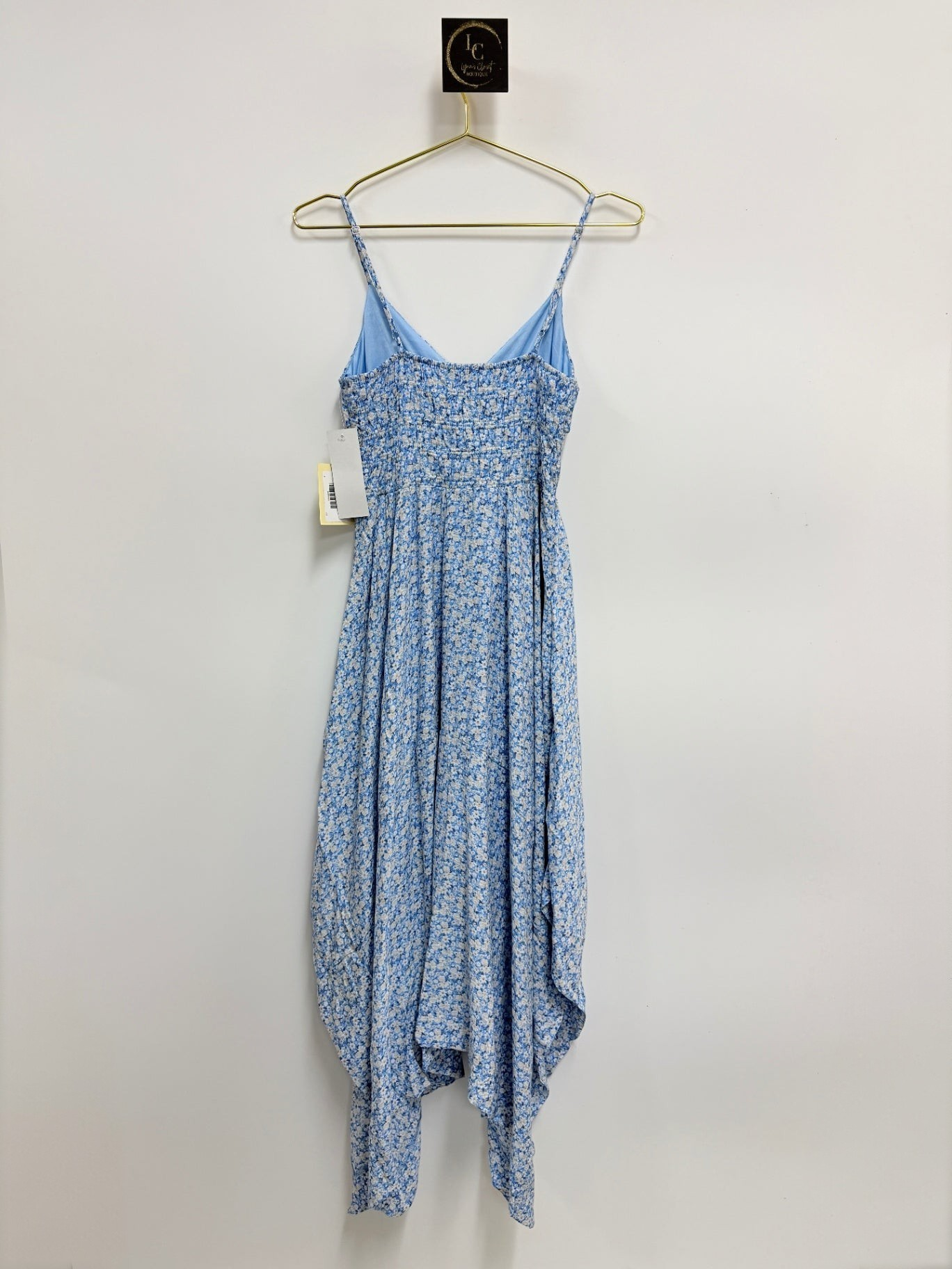 Lynn's Closet Boutique French Connection blue ditsy floral midi dress with spaghetti straps and handkerchief hem
