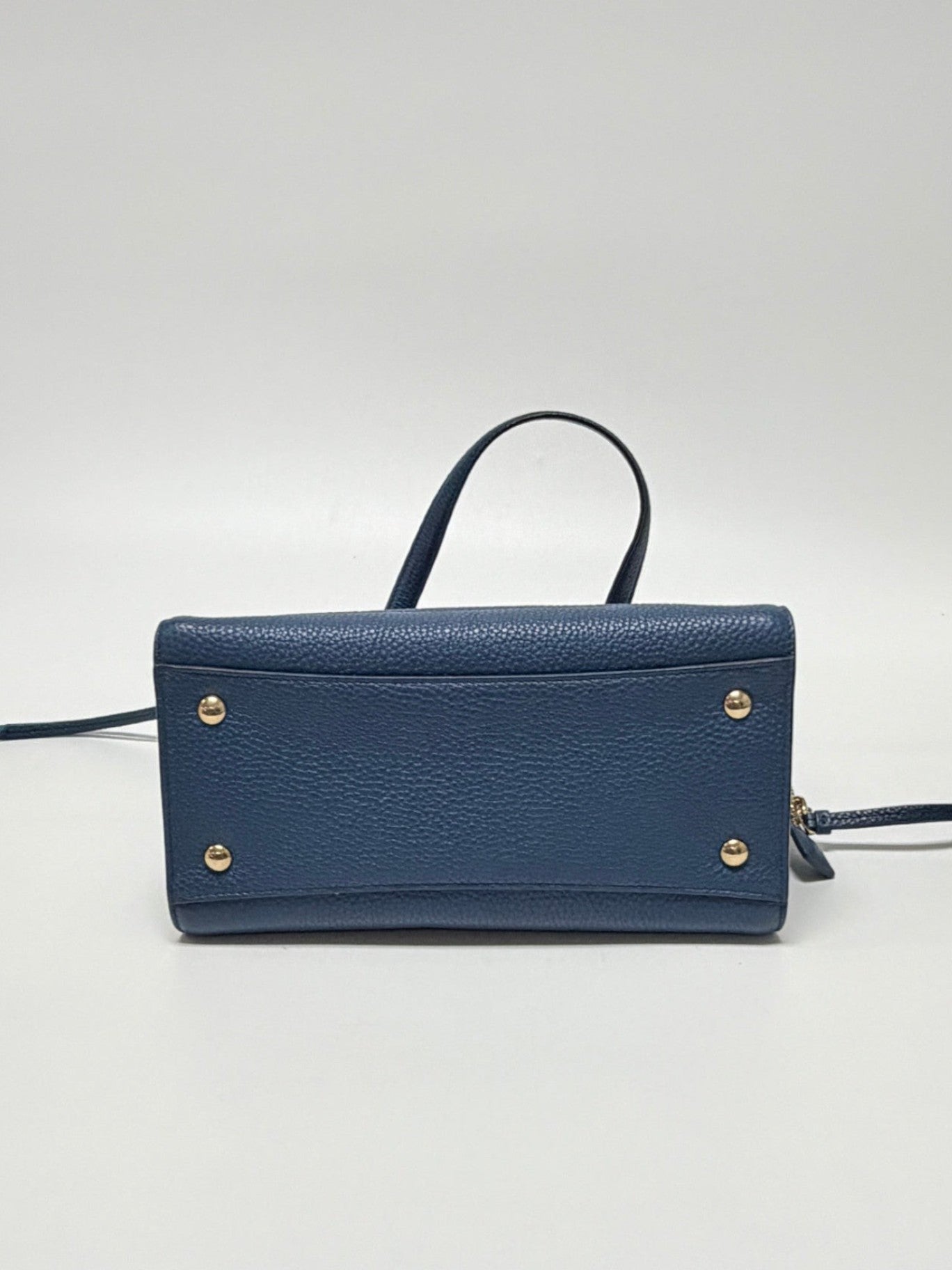 Lynn's Closet Boutique Salvatore Ferragamo Amy blue pebbled leather tote bag base with protective gold-tone feet