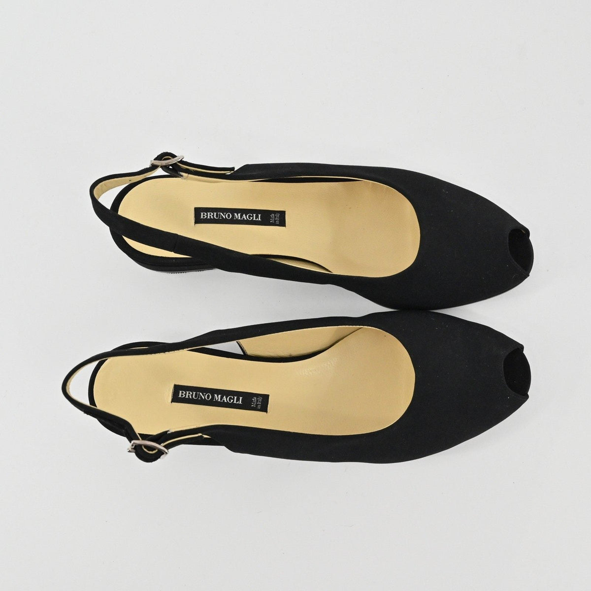 Lynn's Closet Boutique Bruno Magli black leather peep-toe slingback flats with adjustable straps and low heels