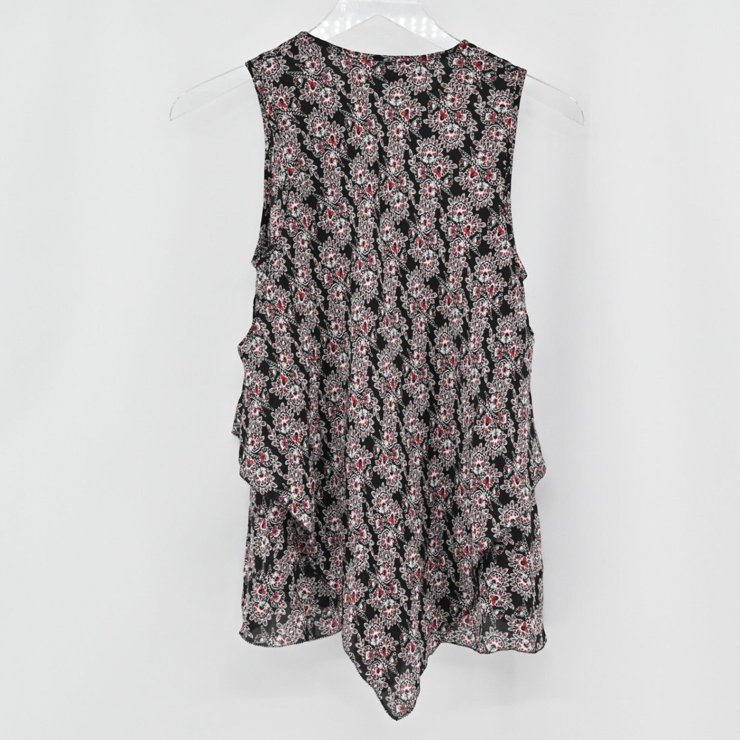Lynn's Closet Boutique Derek Lam 10 Crosby sleeveless silk top with black and multi-colored floral print and tiered ruffles