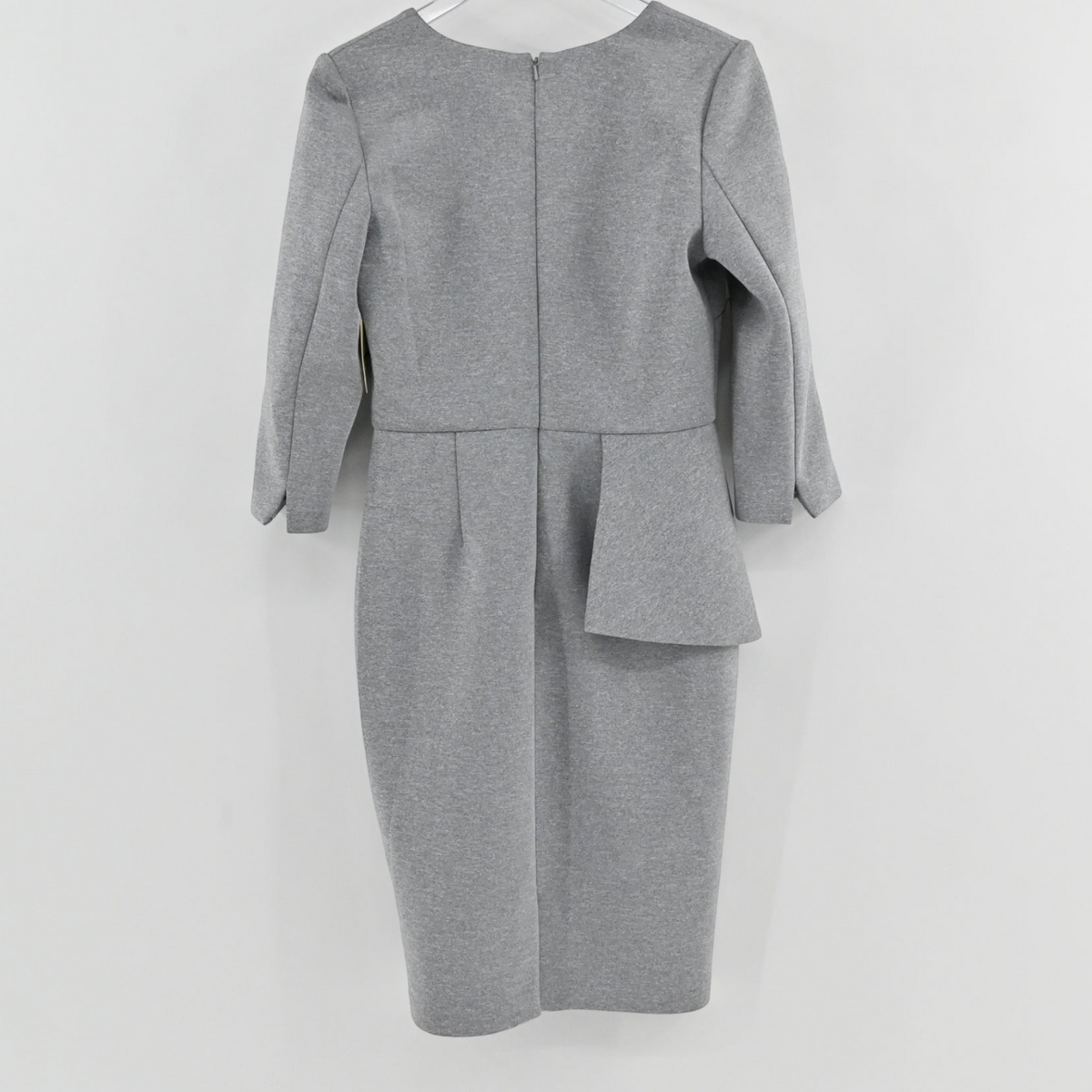Lynn's Closet Boutique Badgley Mischka heather grey scuba sheath dress with peplum waist and three-quarter sleeves