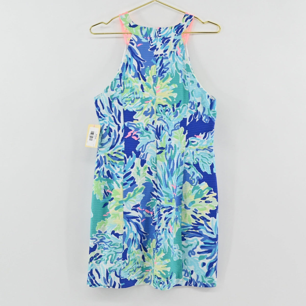 Lynn's Closet Boutique Lilly Pulitzer Pearl shift dress in blue Wade and Sea print with coral lace neckline detail