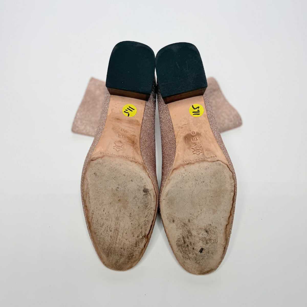 Lynn's Closet Boutique Loeffler Randall Carter rose gold glitter ankle booties showing the worn leather soles