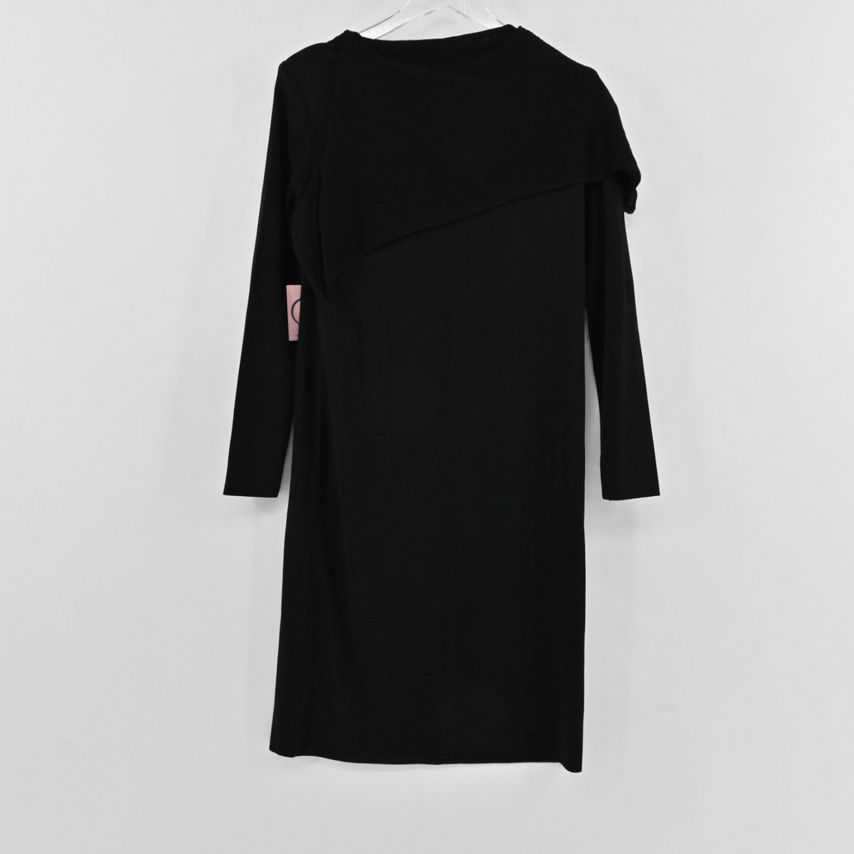 Lynn's Closet Boutique Misook black knit midi dress with a structural ribbed collar and long sleeves on a hanger.