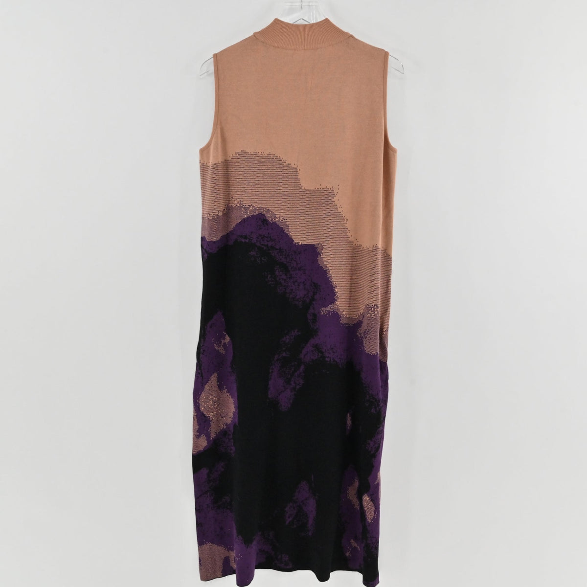 Lynn's Closet Boutique Misook sleeveless midi dress featuring a tan, purple, and black abstract landscape knit pattern.
