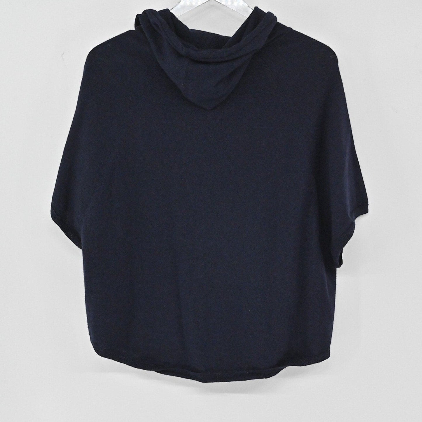 Lynn's Closet Boutique navy Joie short-sleeve merino wool hoodie with a relaxed boxy fit and hood, back view.