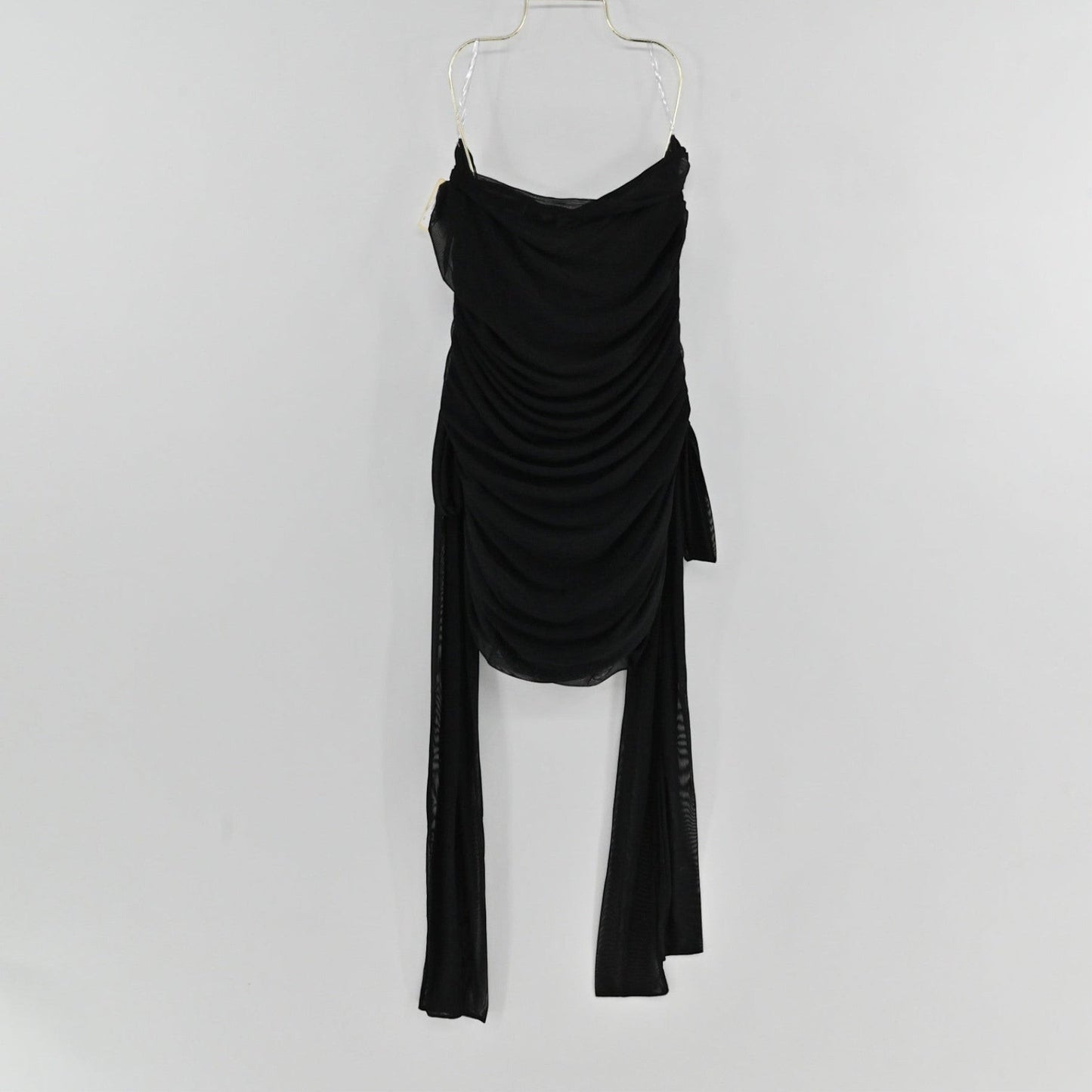 Lynn's Closet Boutique PepperMayo Georgie black strapless mini dress with ruching and mesh side-tie details.