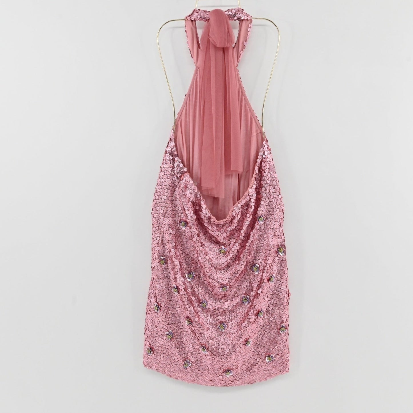 Lynn's Closet Boutique Anthropologie Verb pink sequin mini dress with halter neck and floral embellishments