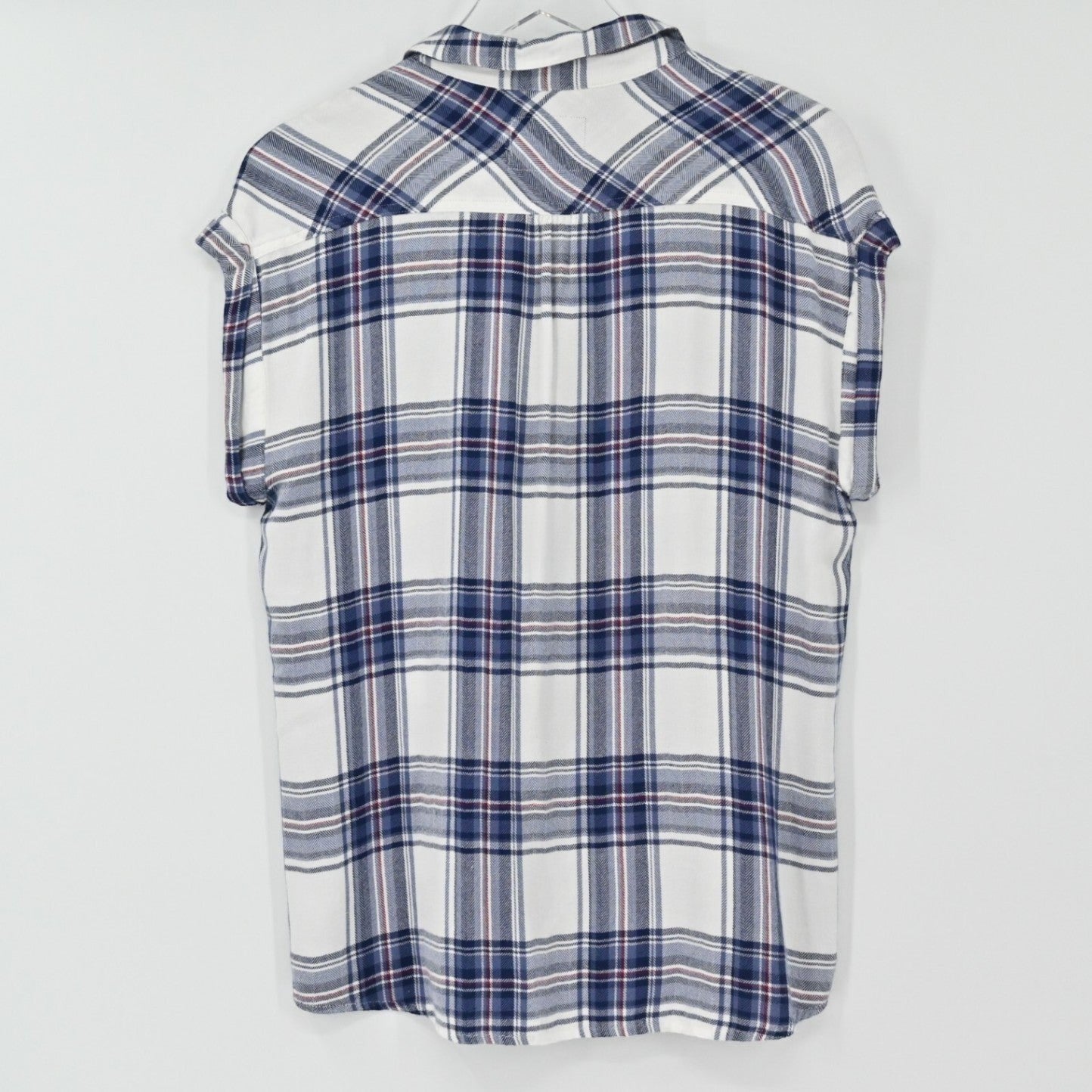 Back view of Lynn's Closet Boutique Rails Britt sleeveless plaid button down shirt in white, navy, and red.