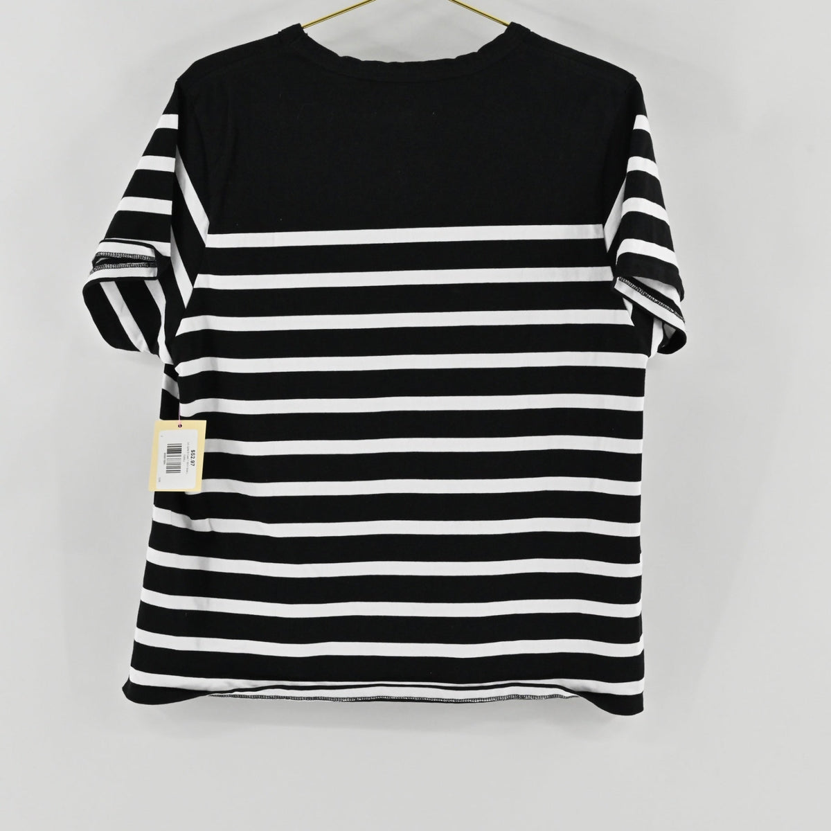 Back view of a La Ligne black and white horizontal striped t-shirt from Lynn's Closet Boutique with a crew neckline.