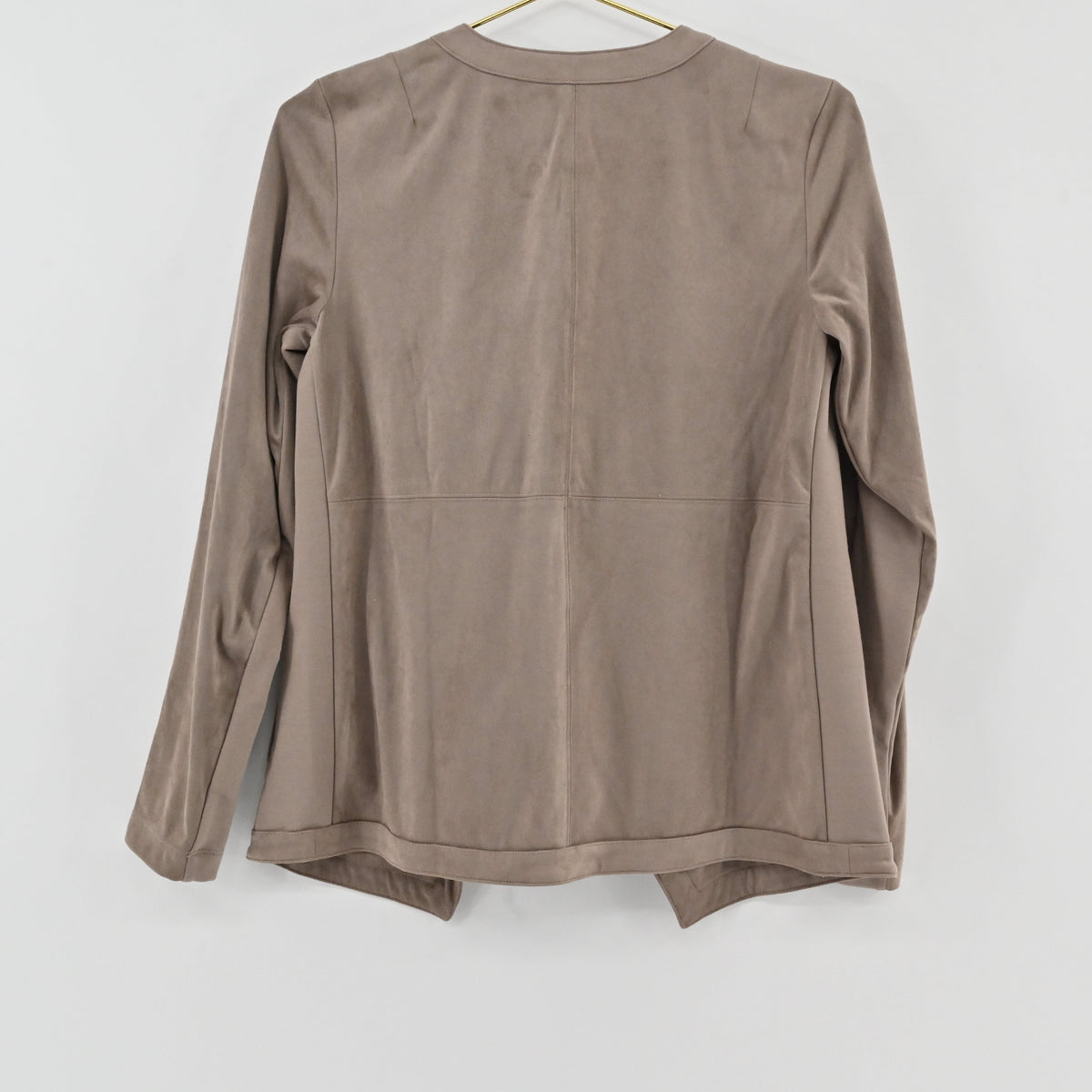 Lynn's Closet Boutique J.Jill sandalwood taupe faux suede jacket, back view of long sleeve open-front outerwear.