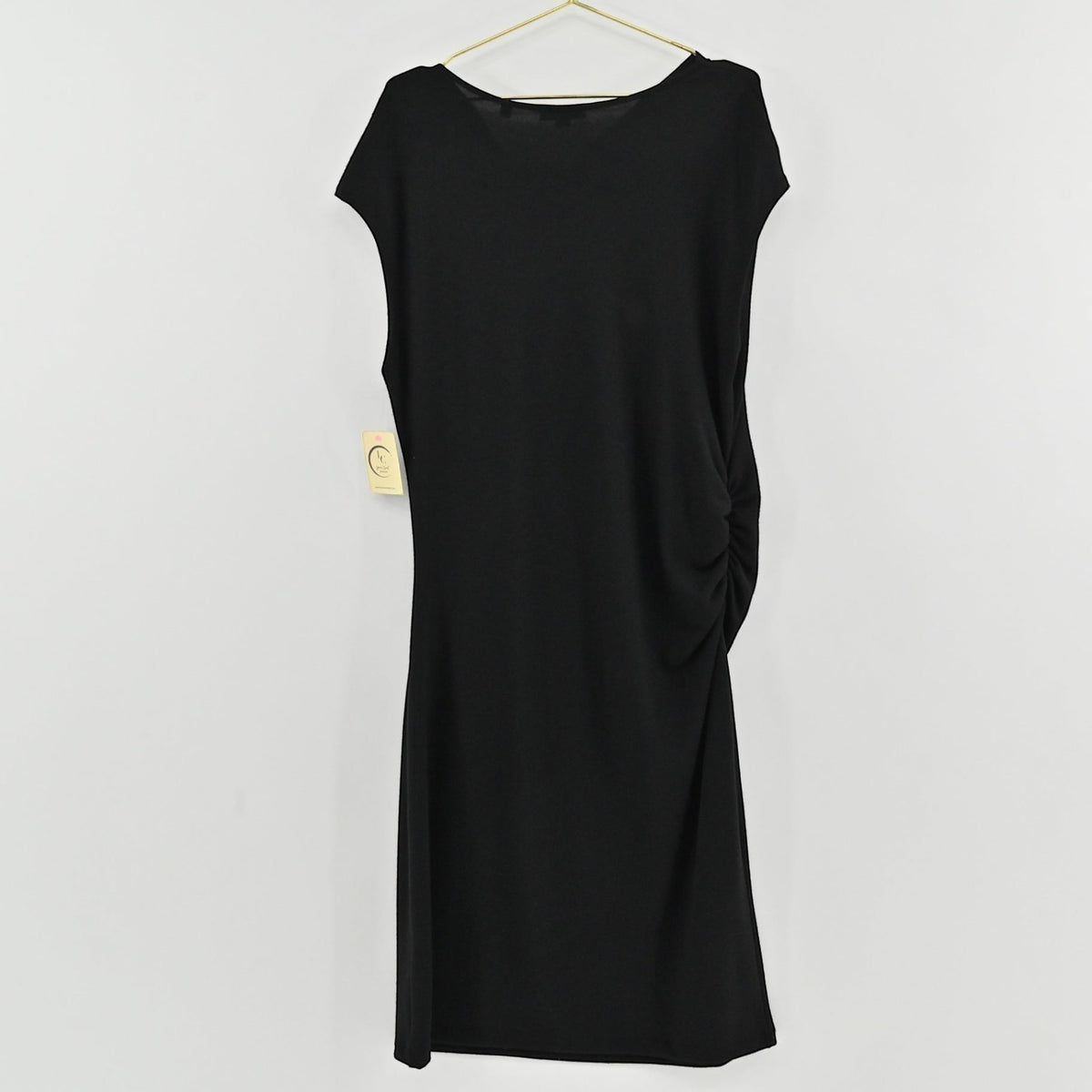 Lynn's Closet Boutique Vince black cowl neck dress with side ruching and cap sleeves hanging on a gold hanger.