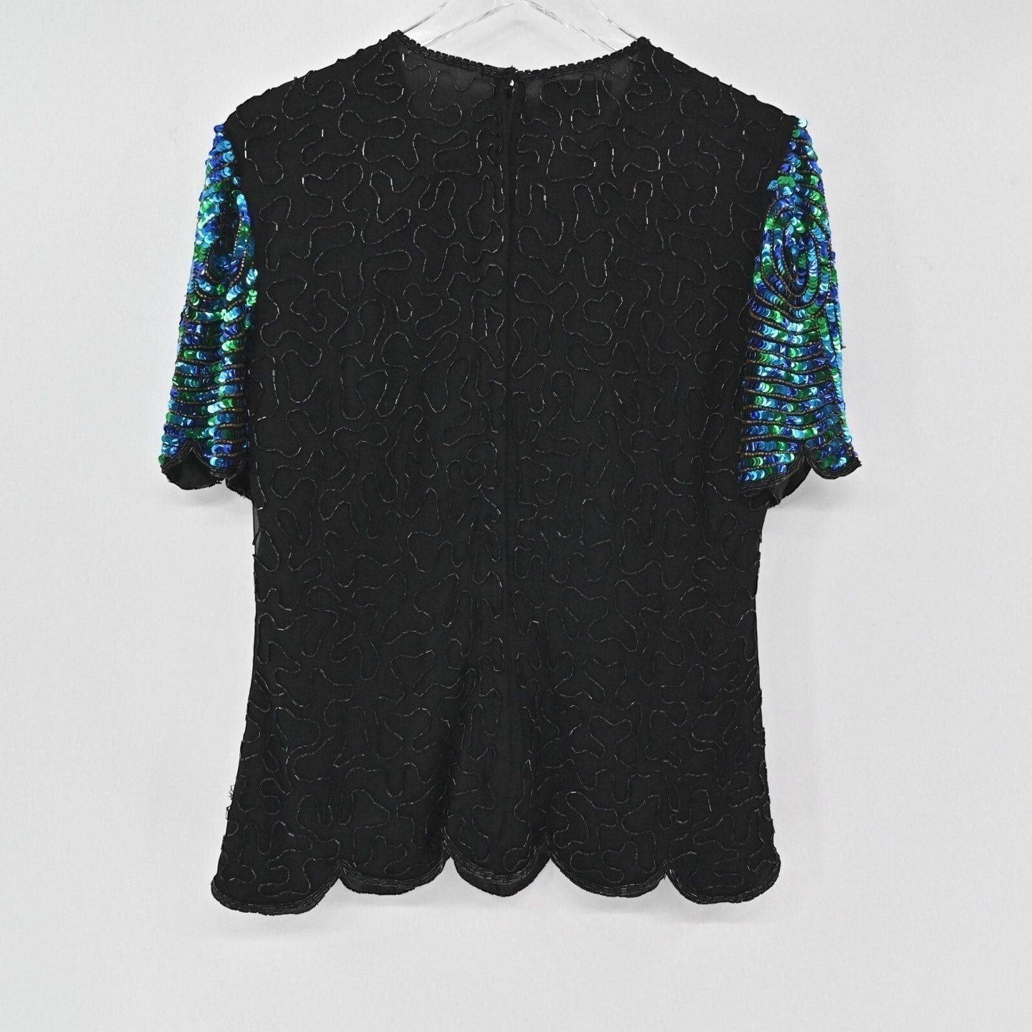 Lynn's Closet Boutique vintage 80s black silk top with iridescent blue and green sequin sleeves and scalloped hem