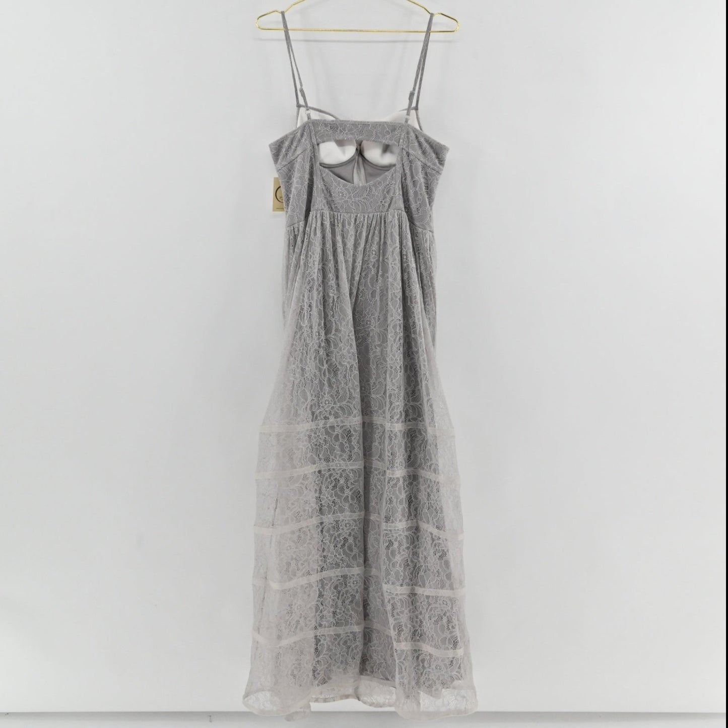 Lynn's Closet Boutique Betsey Johnson gray lace midi dress with spaghetti straps and sheer horizontal skirt panels.