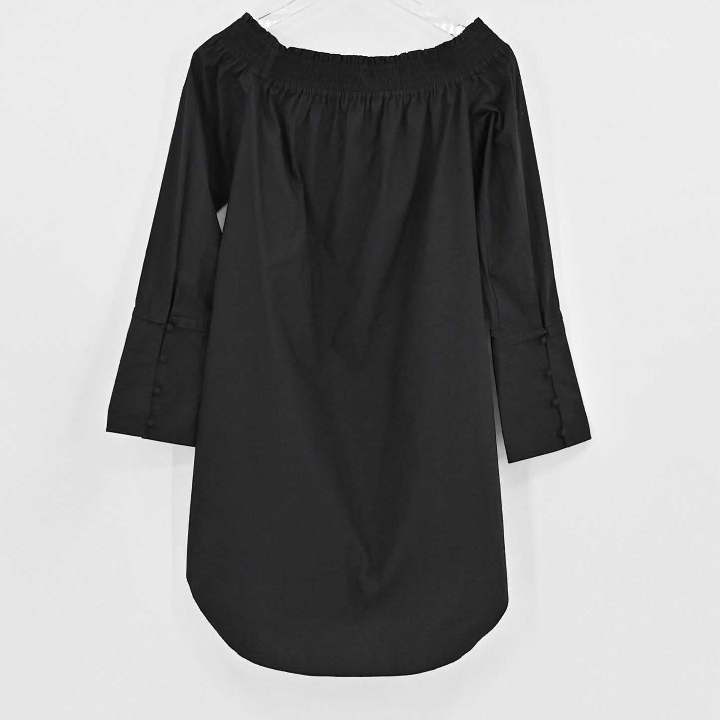 Lynn's Closet Boutique black Derek Lam 10 Crosby off-the-shoulder mini dress with bell sleeves and button cuffs.