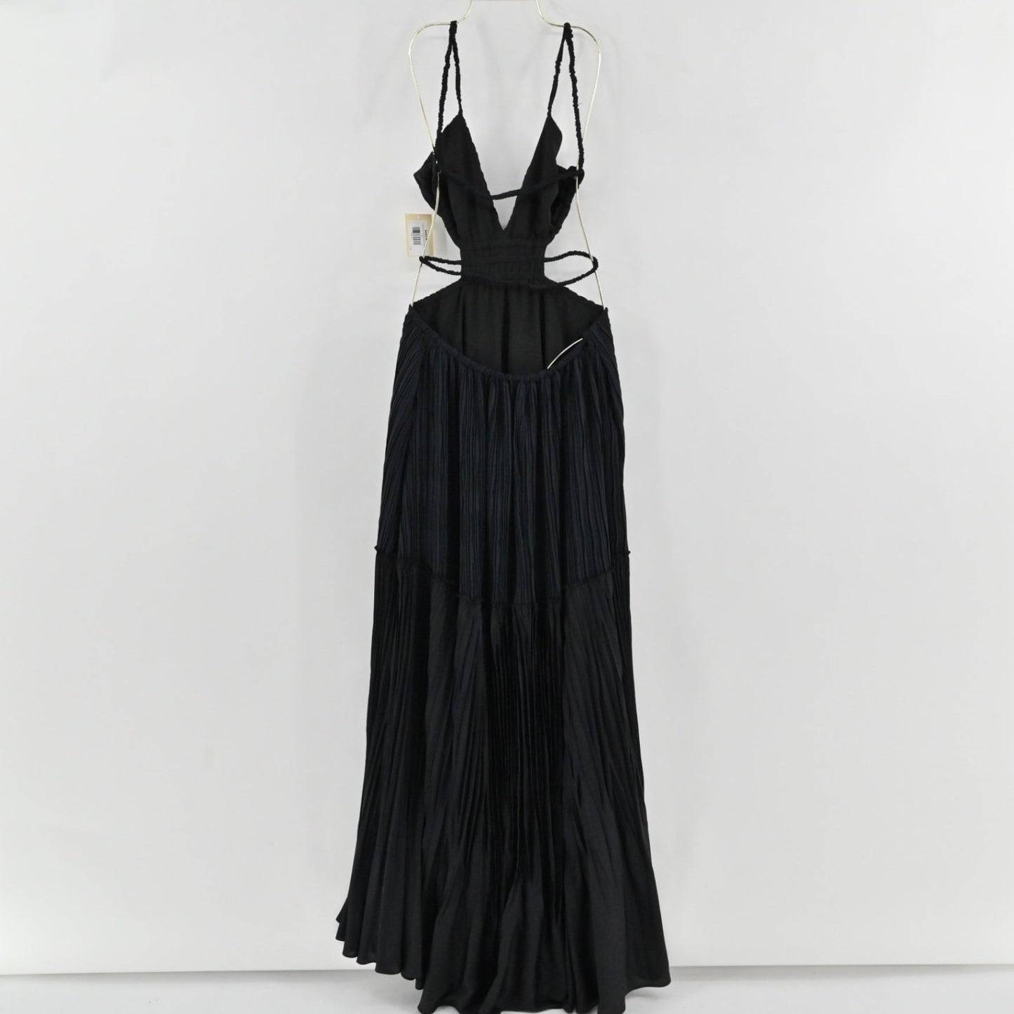 Lynn's Closet Boutique Jonathan Simkhai black floor-length gown with pleated texture, V-neck, and side cut-outs.